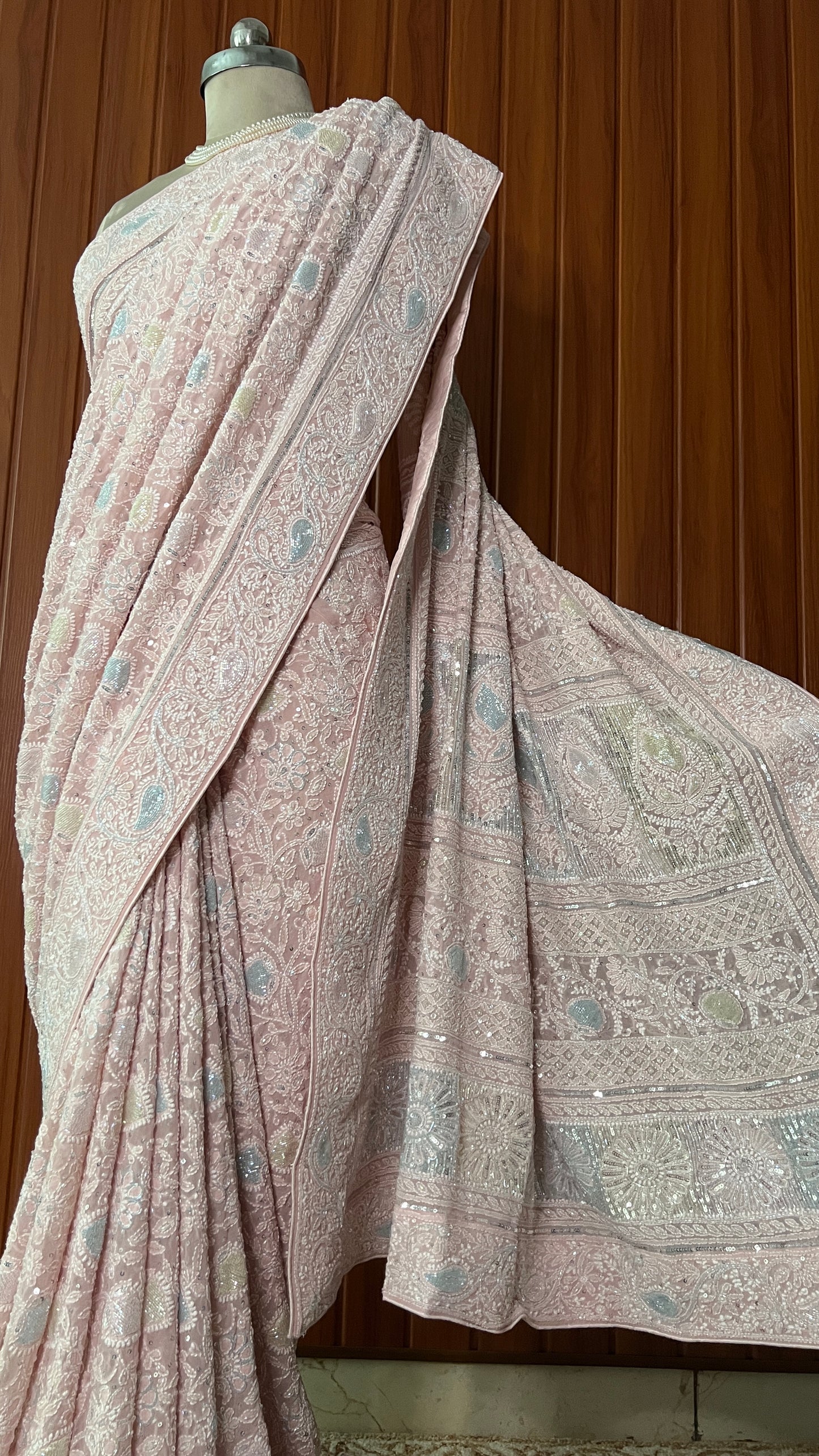 Ruhani Light Pink Chikankari Multi Cut Dana and Sequins Saree