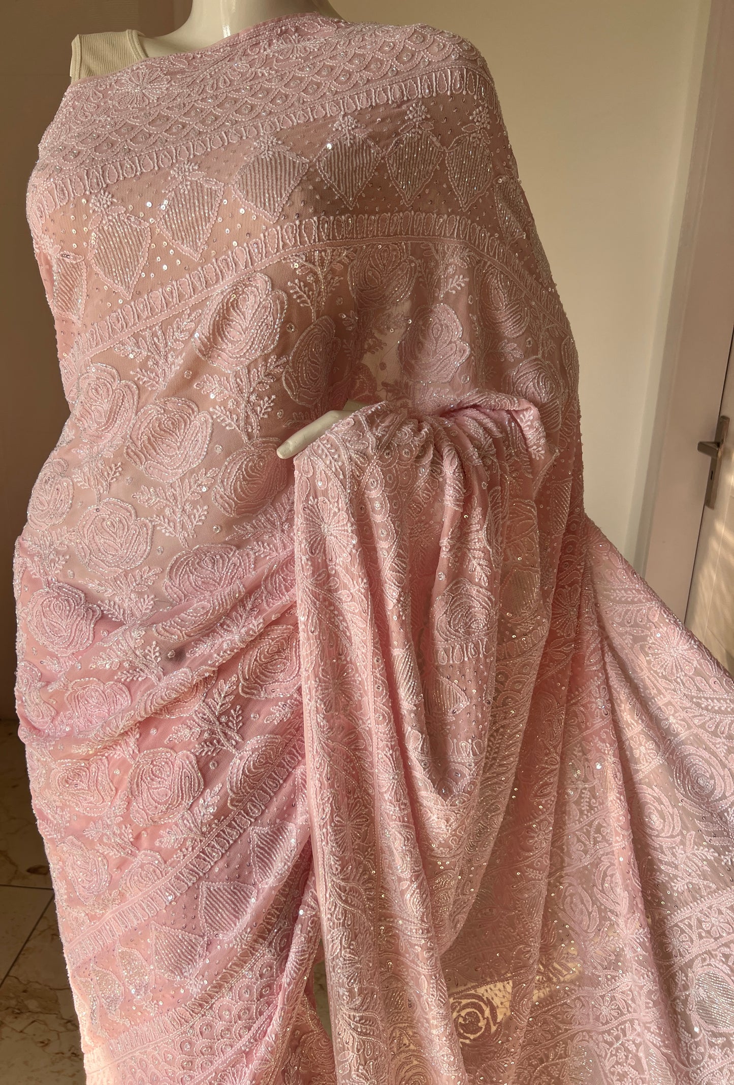 Ruhani Blush Pink Chikankari Cut Dana and Sequins Saree