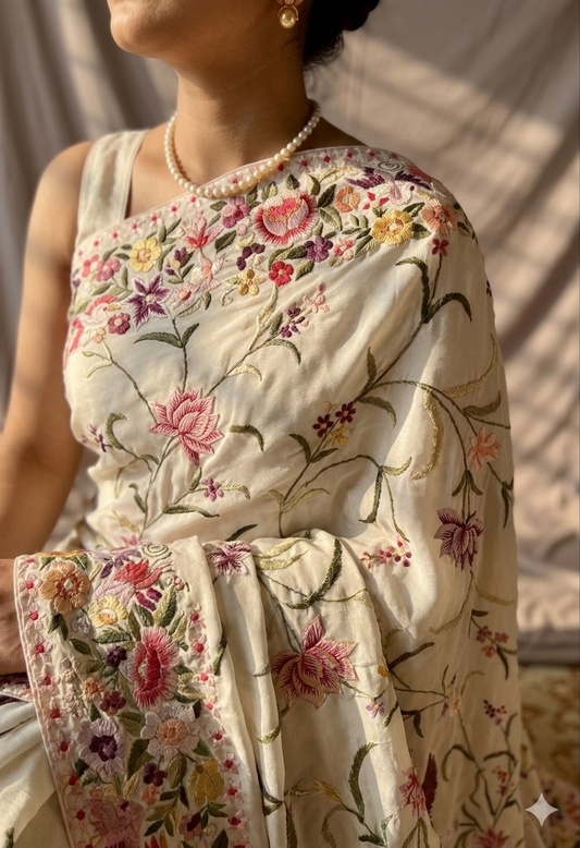 Ivory Parsi Gara Allover Hand Embroidered Saree on Pure Crepe