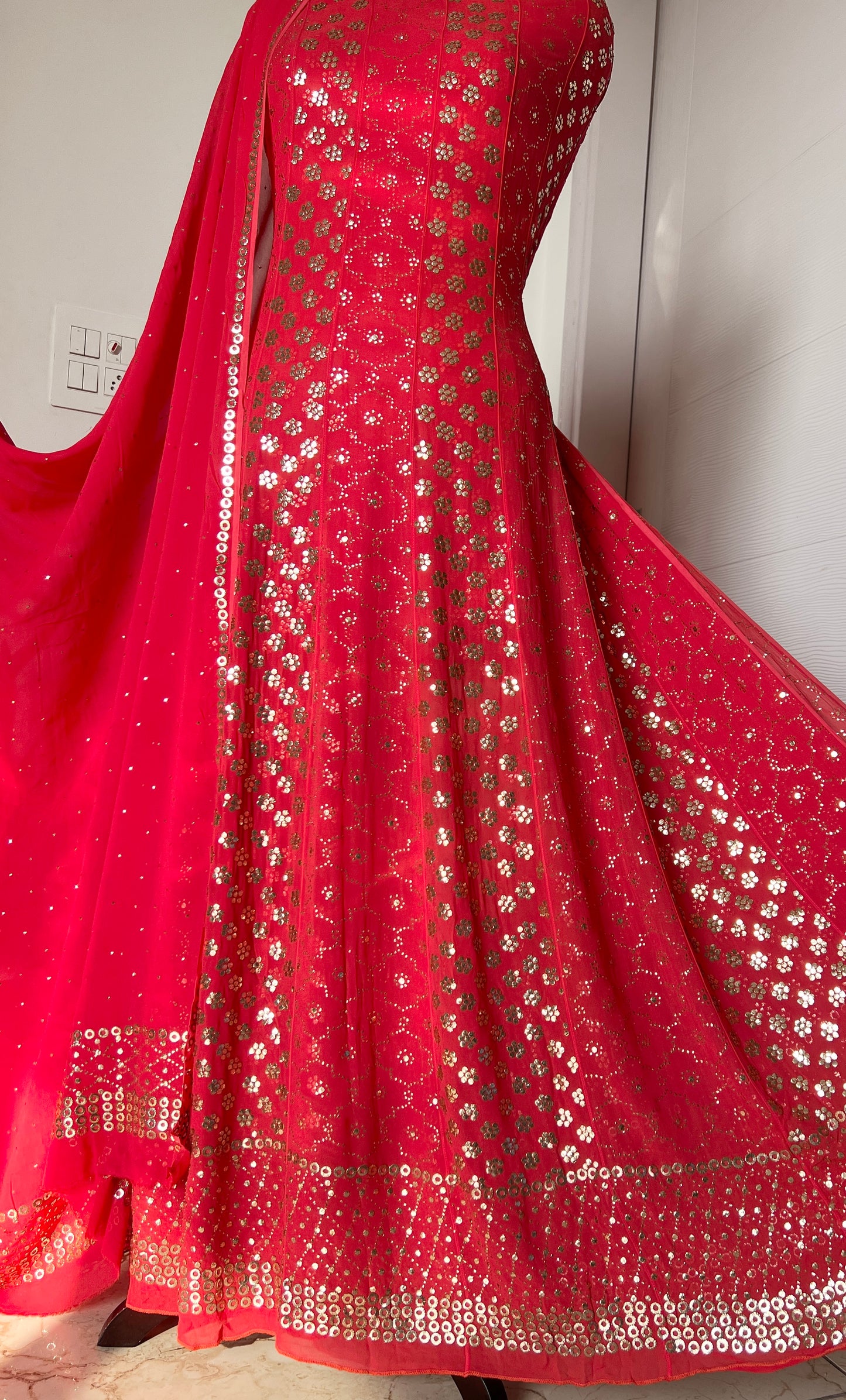 Red heavy designer Mukaish Georgette Anarkali with Dupatta
