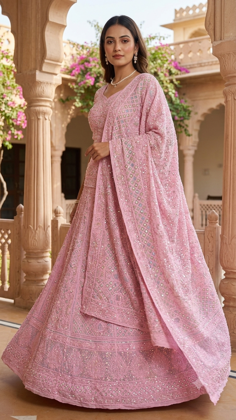 Ruhani Rose Pink Chikankari Multicolored Cut Dana Sequins Lehenga