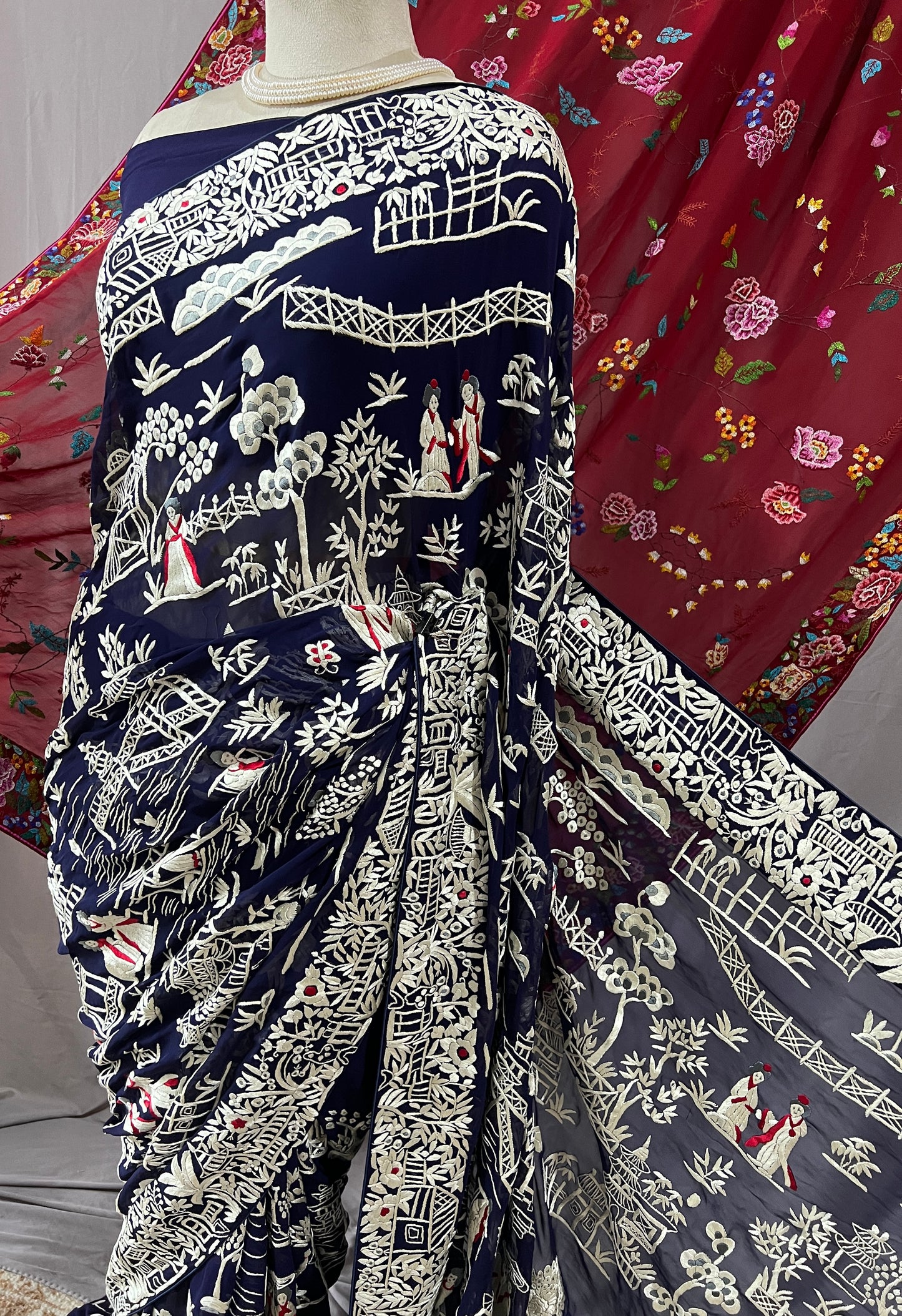 Navy Blue Masterpiece Chinese pattern Parsi Gara Pure Georgette Saree