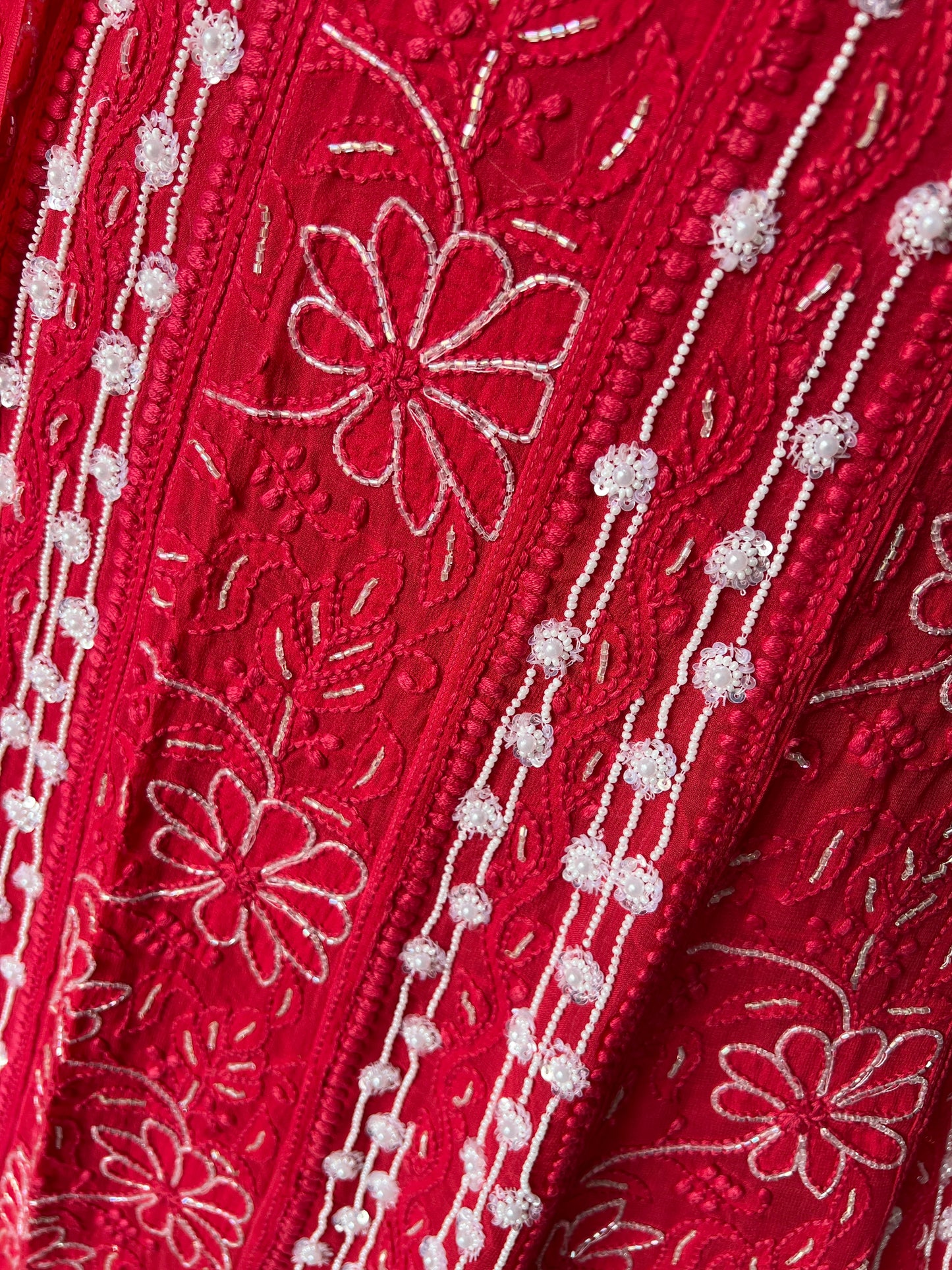Cherry Red Chikankari Cut Dana pearl Anarkali