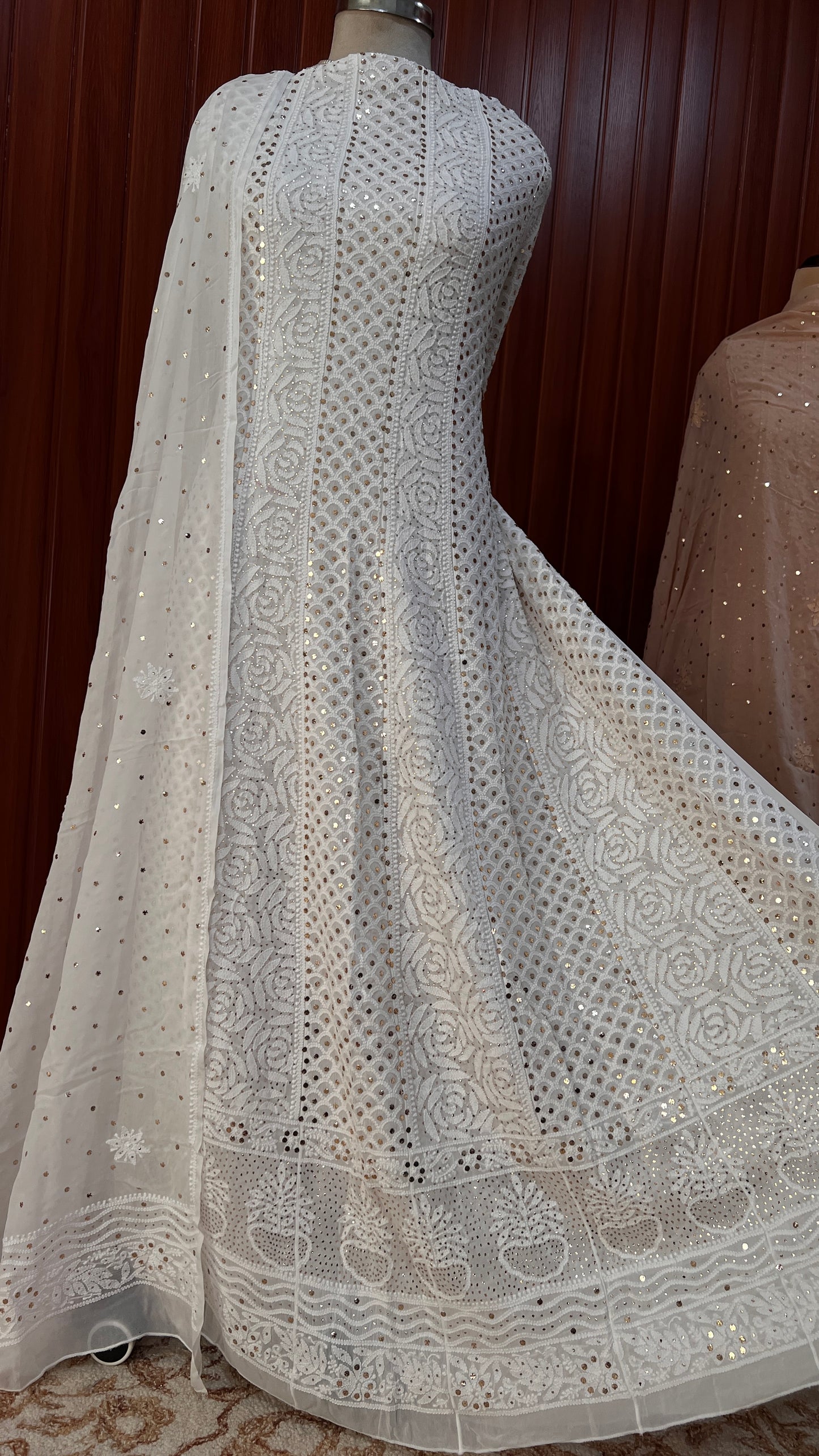 White allover Chikankari and mukaish anarkali with dupatta