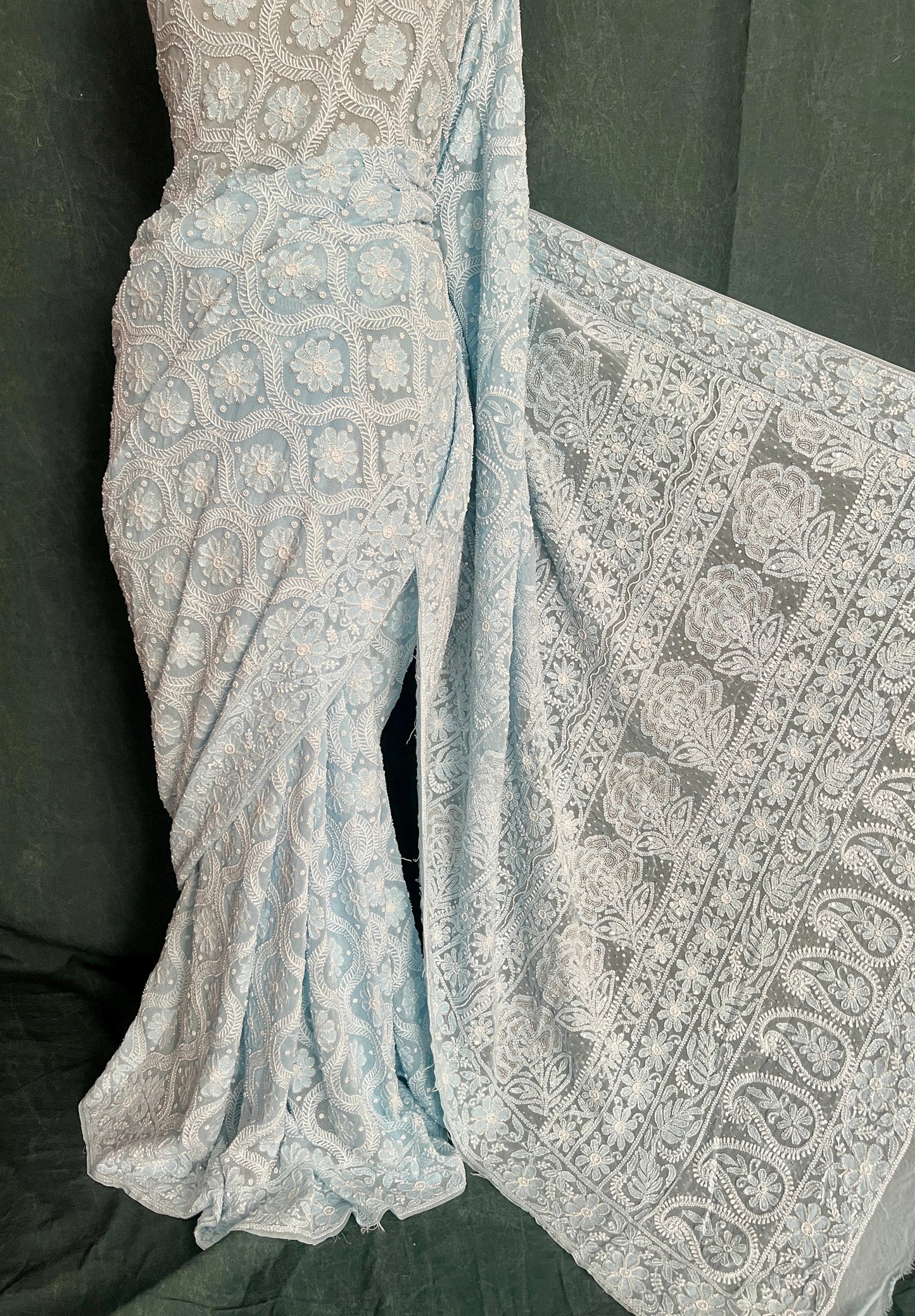 Ruhani Breezy Blue Chikankari Cut Dana and Pearl embroidered Saree