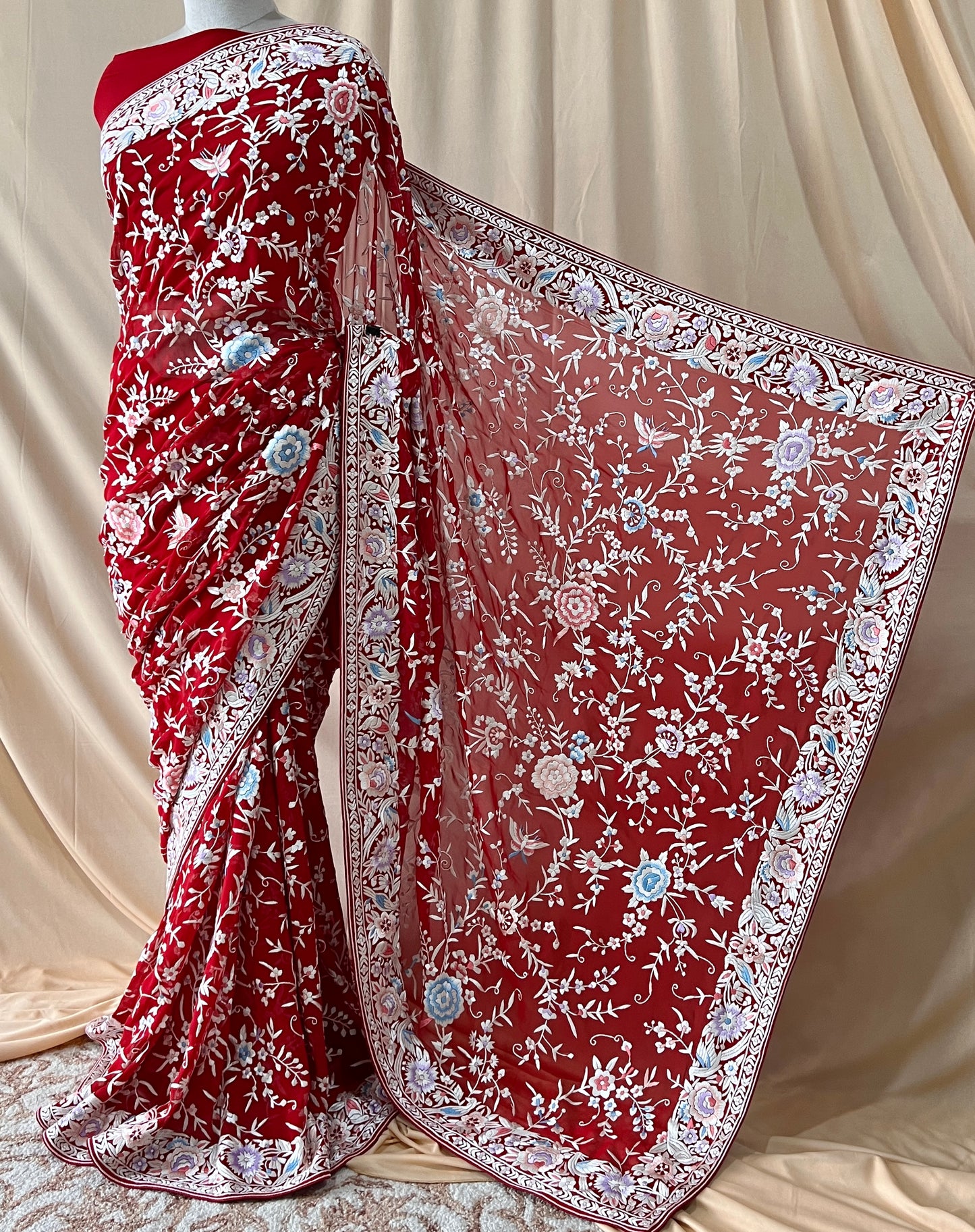 Red Masterpiece Parsi Gara Pure Georgette Saree