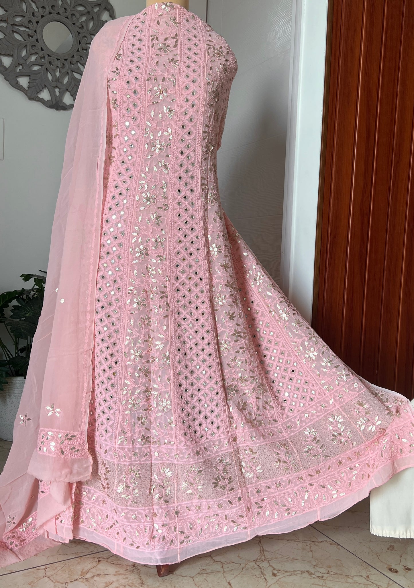 Peachy Chikankari Mirror Gota Patti Anarkali with Dupatta