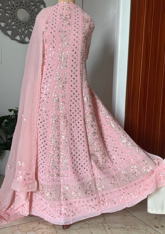 Peachy Chikankari Mirror Gota Patti Anarkali with Dupatta