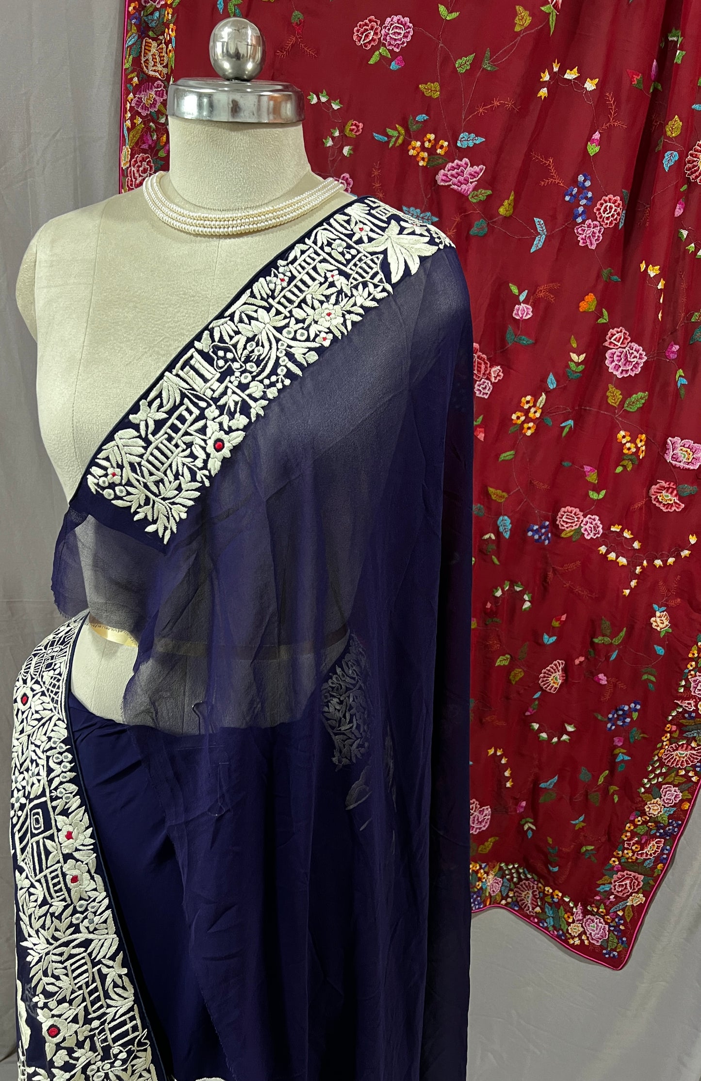 Navy Blue Masterpiece Chinese pattern Parsi Gara Pure Georgette Saree