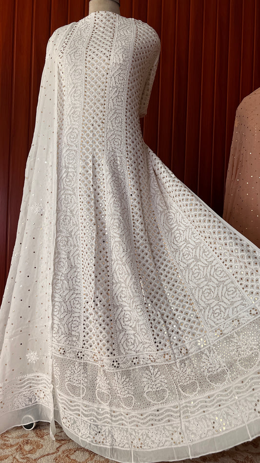 White allover Chikankari and mukaish anarkali with dupatta