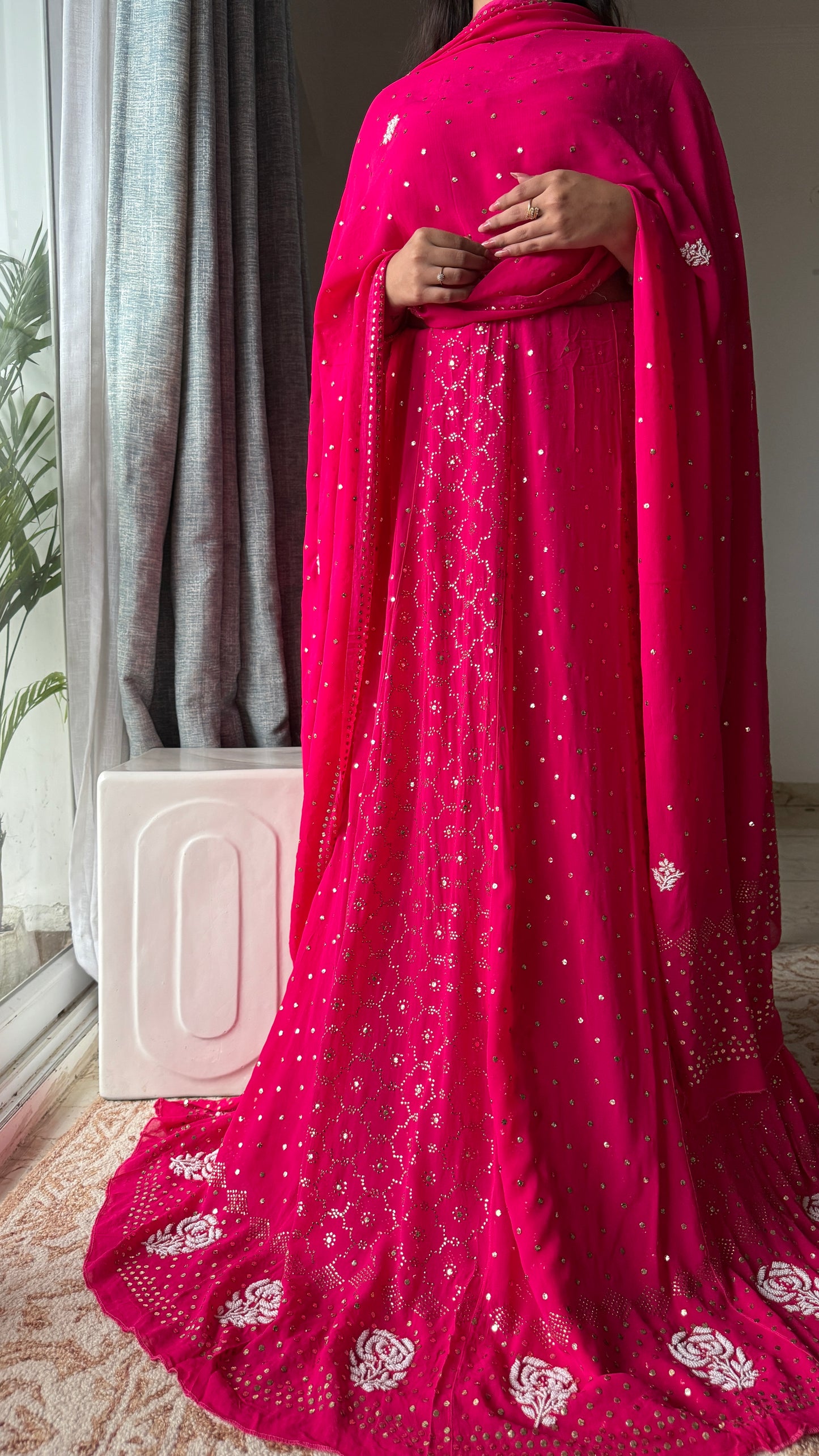 Fuschia pink Allover Mukaish and pearl Lehenga Set