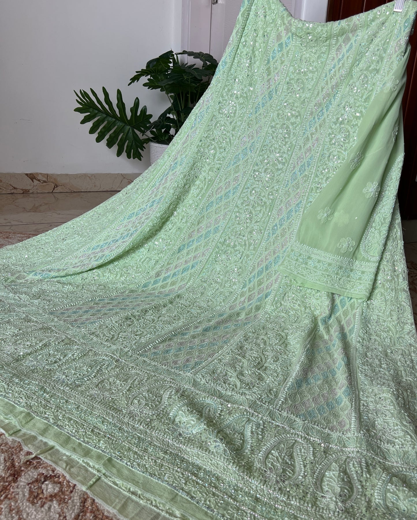 Bright Pista Green Chikankari multi hued Cut Dana and Sequins Anarkali