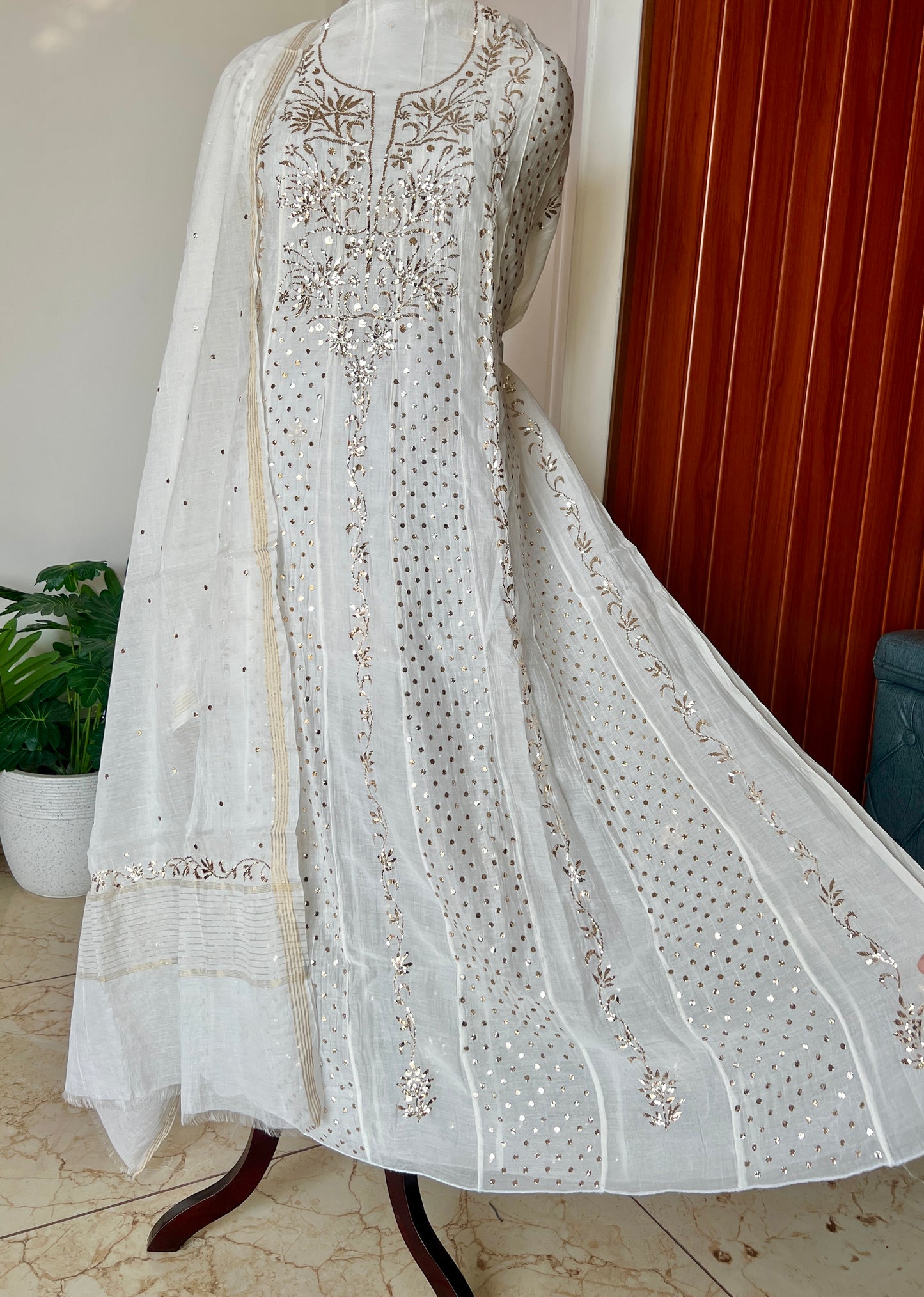 Mul Chanderi Anarkali with Badla and Mukaish work