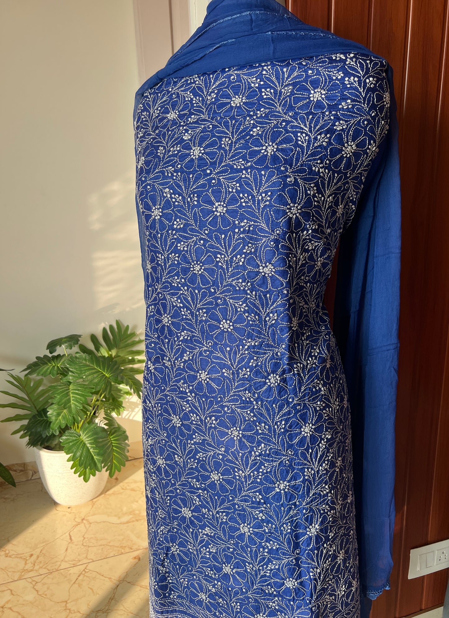 Tussar silk Chikankari embroidered kurta with chiffon dupatta