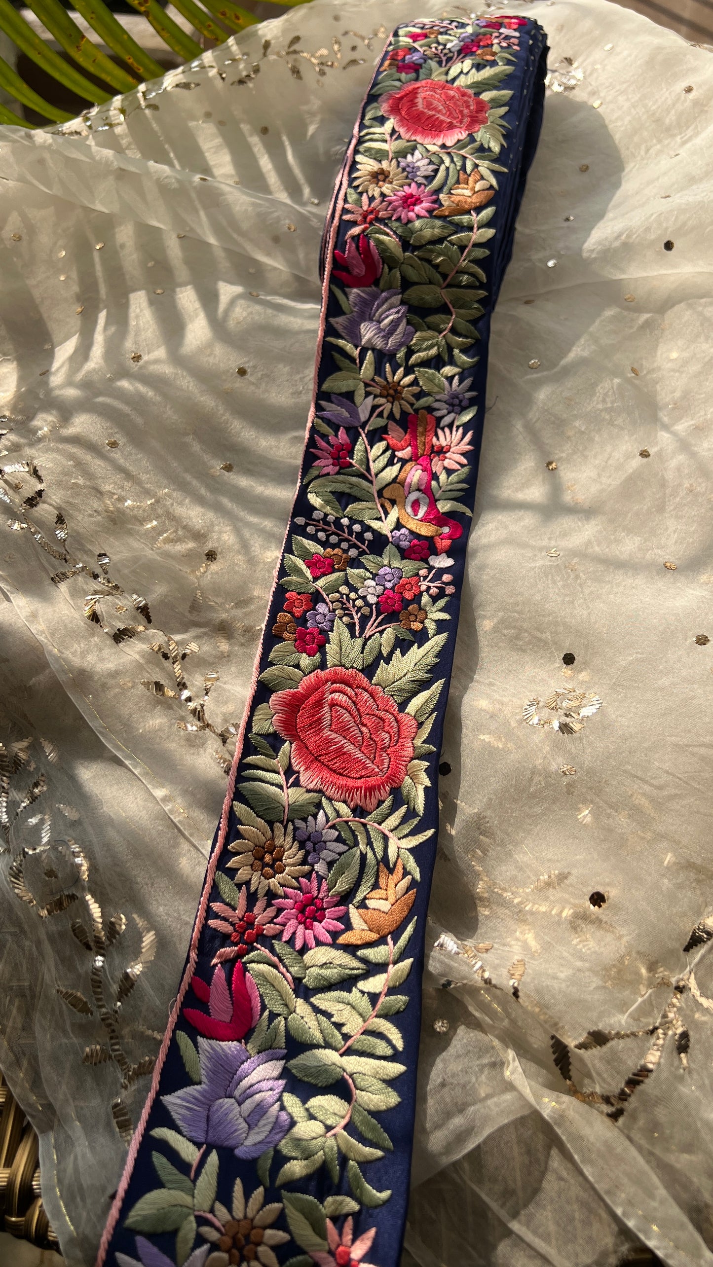 Blue hand embroidered parsi gara border