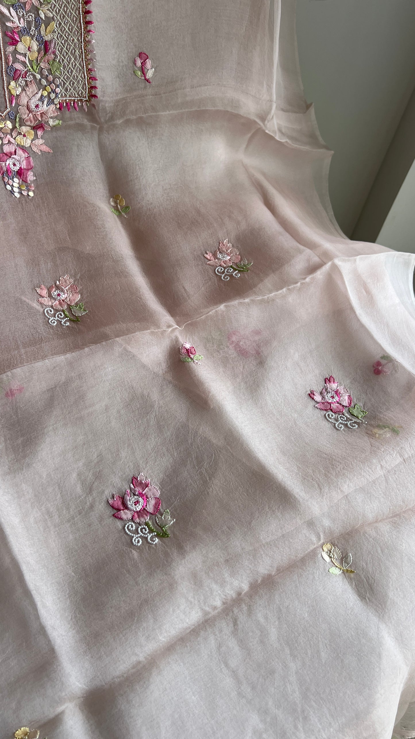 Nude pink Resham Chikankari pure Organza kurta with dupatta