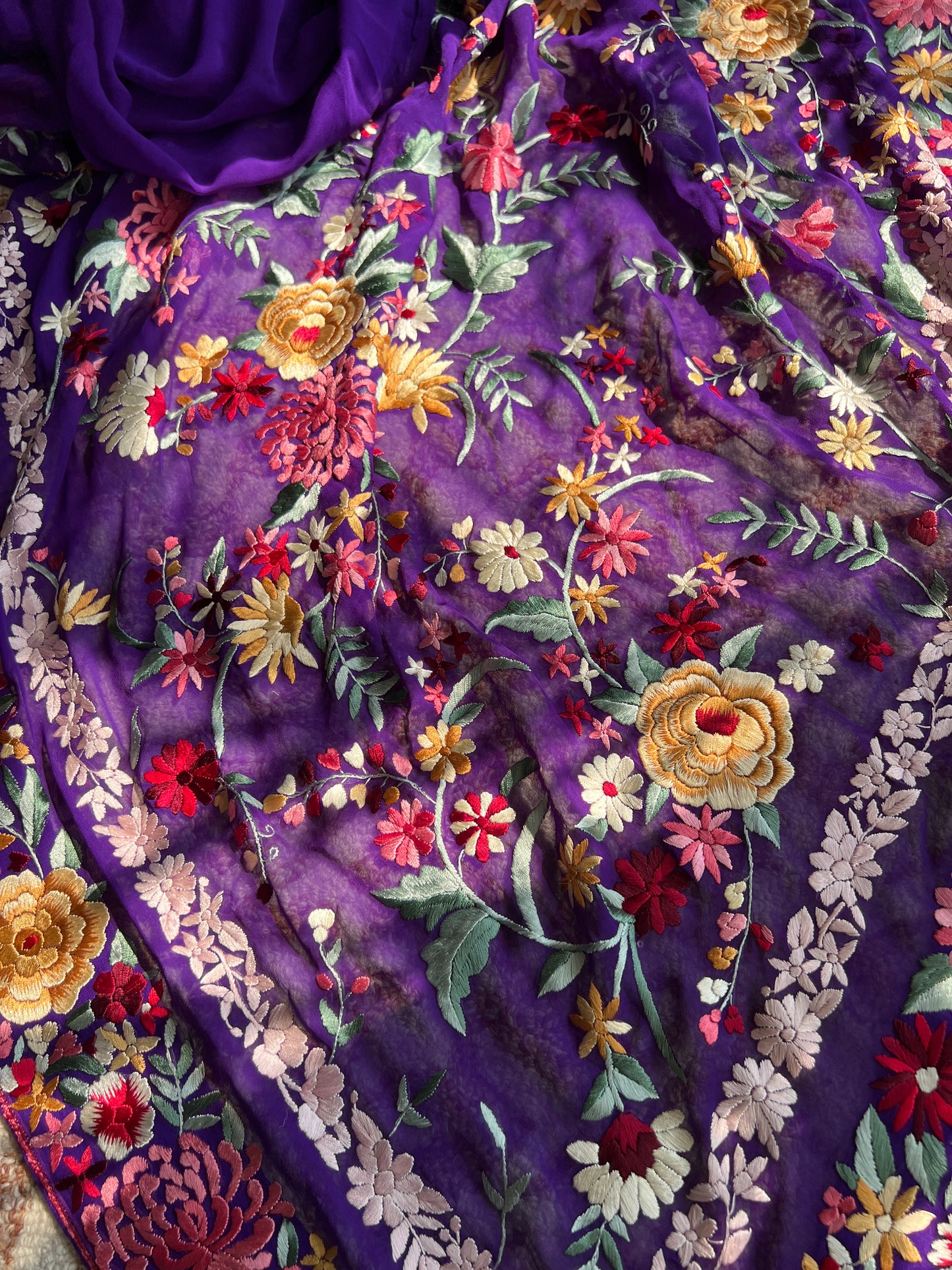 Aubergine purple floral Masterpiece Parsi Gara Pure Georgette Saree