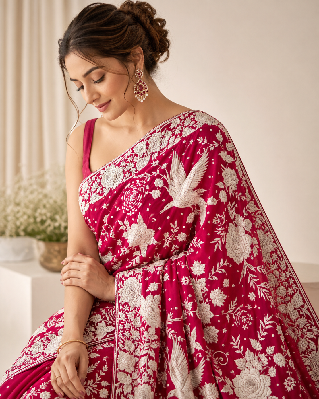 Ruby Pink Masterpiece Parsi Gara Pure Crepe Saree
