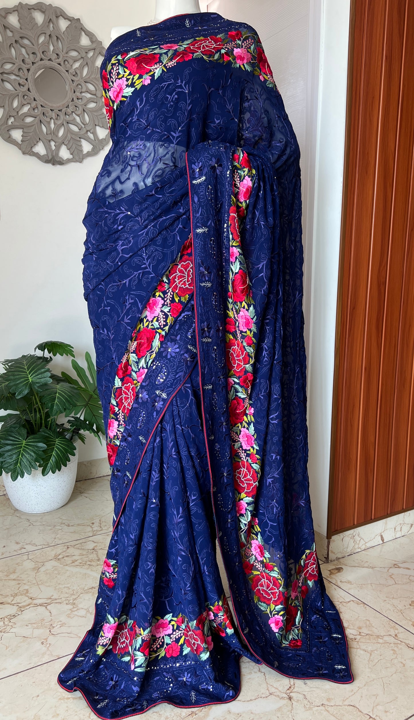 Navy Blue Pure Georgette saree with allover Parsi gara and french knot hand embroidery
