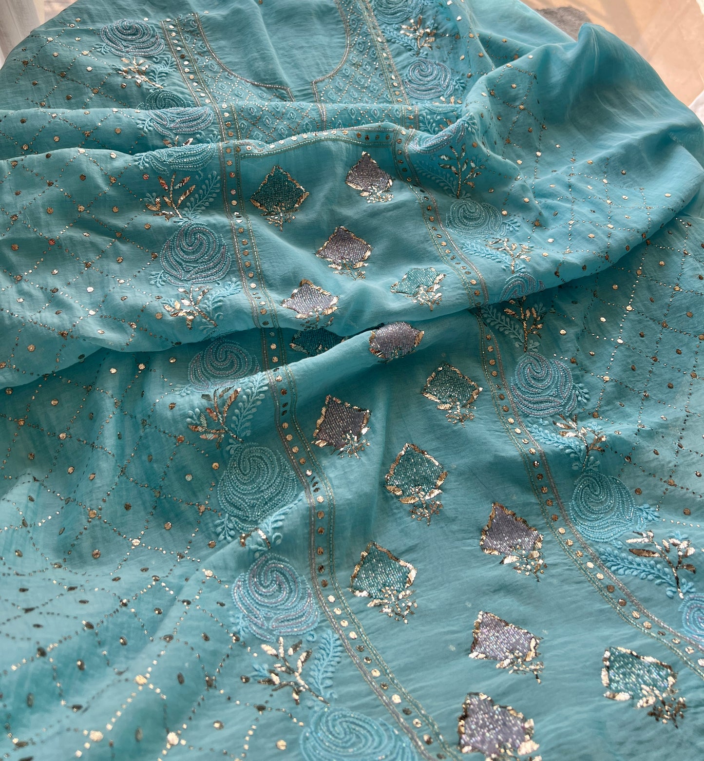 Firozi mukaish and Cut Dana Kurta and Dupatta