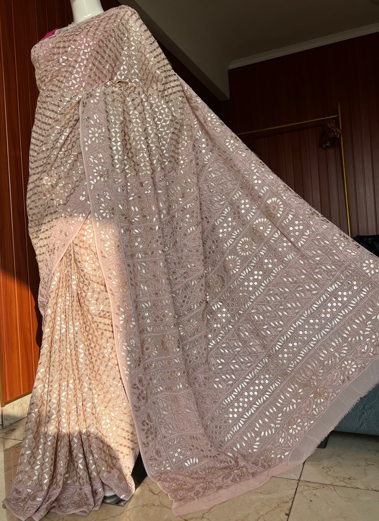 Ruhani Dusty Pink Chikankari and Gota Patti Saree