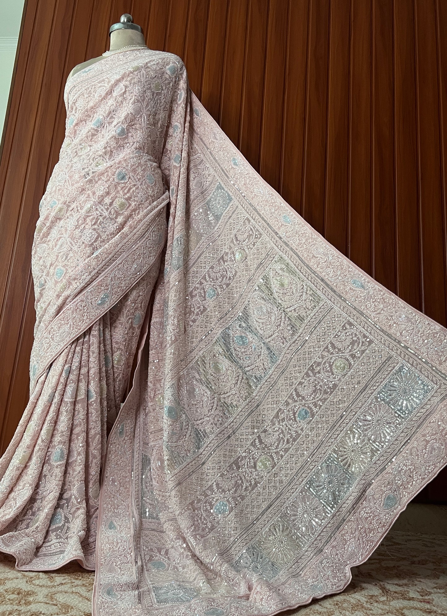 Ruhani Light Pink Chikankari Multi Cut Dana and Sequins Saree