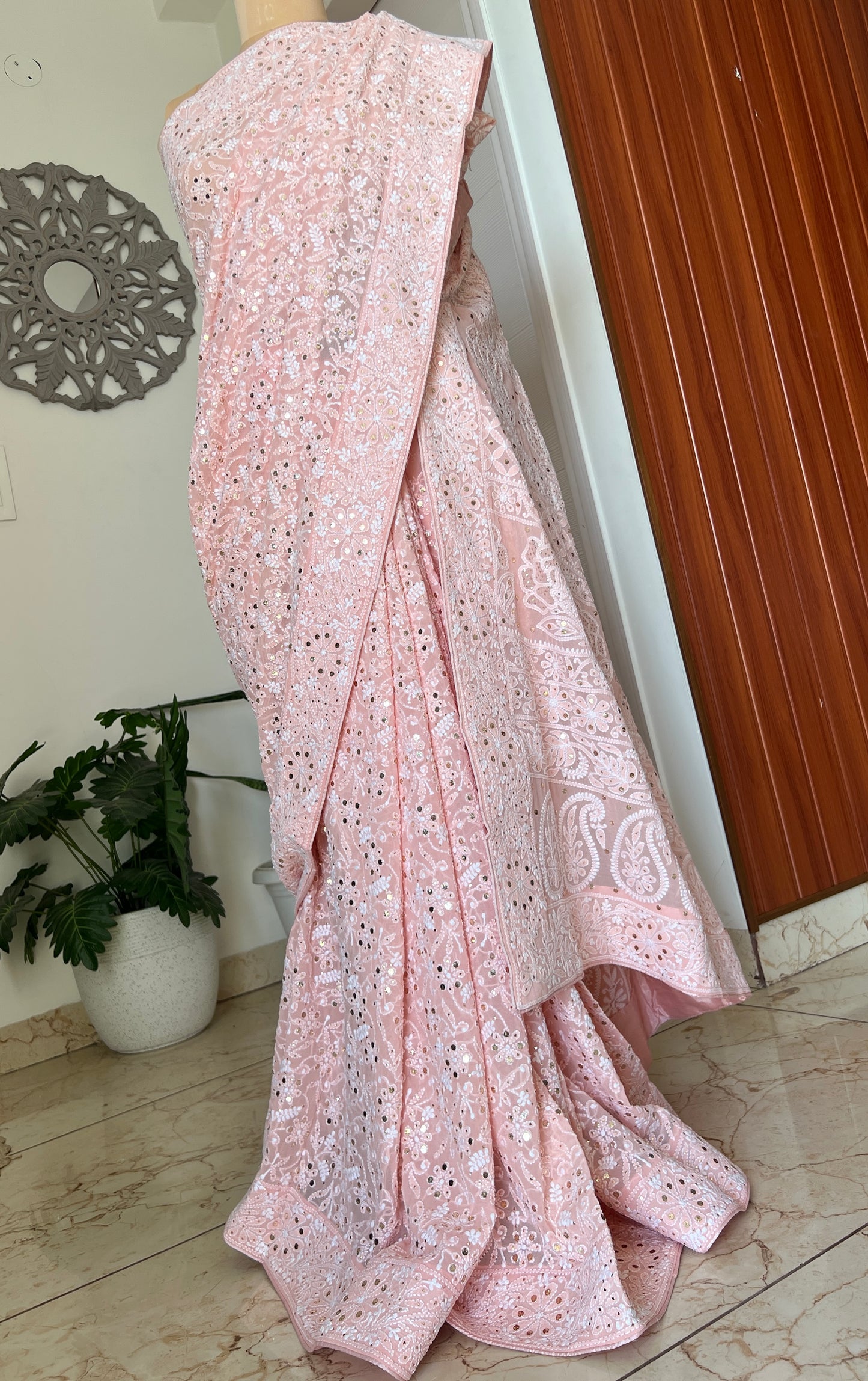 Ruhani Peachish Pink Allover Fine Chikankari and Mukaish Saree