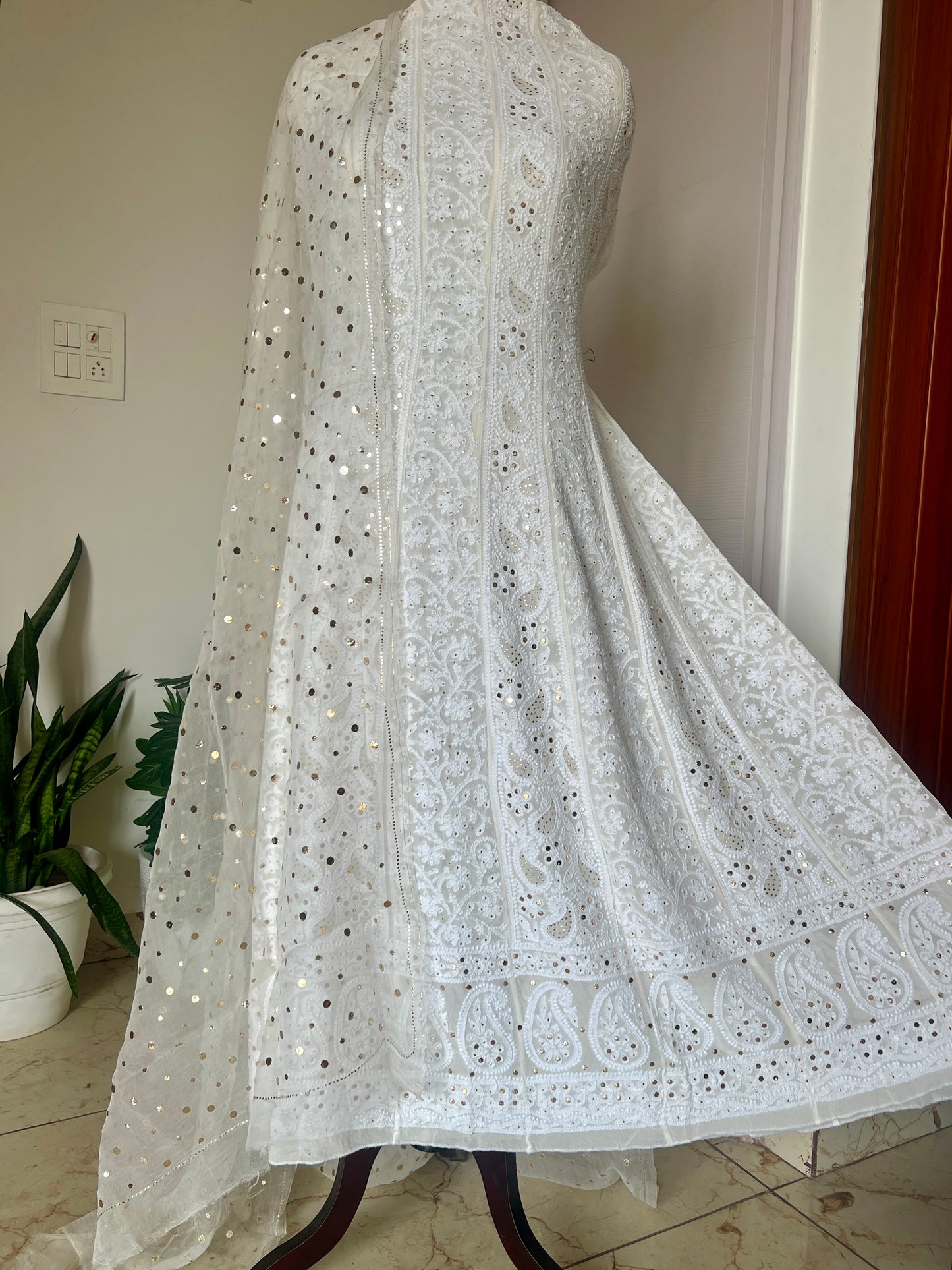 Chikankari and mukaish anarkali with organza dupatta