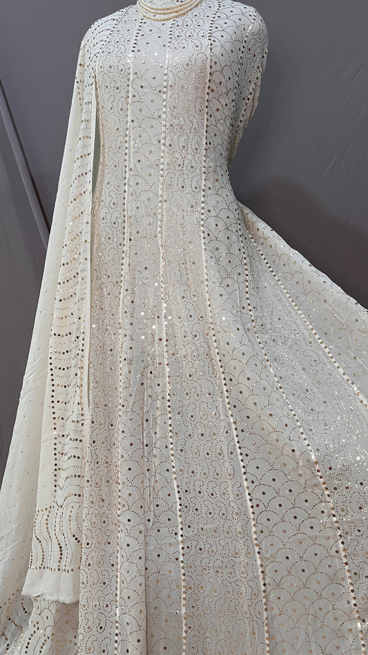 Ivory designer Mukaish Georgette Anarkali with Dupatta