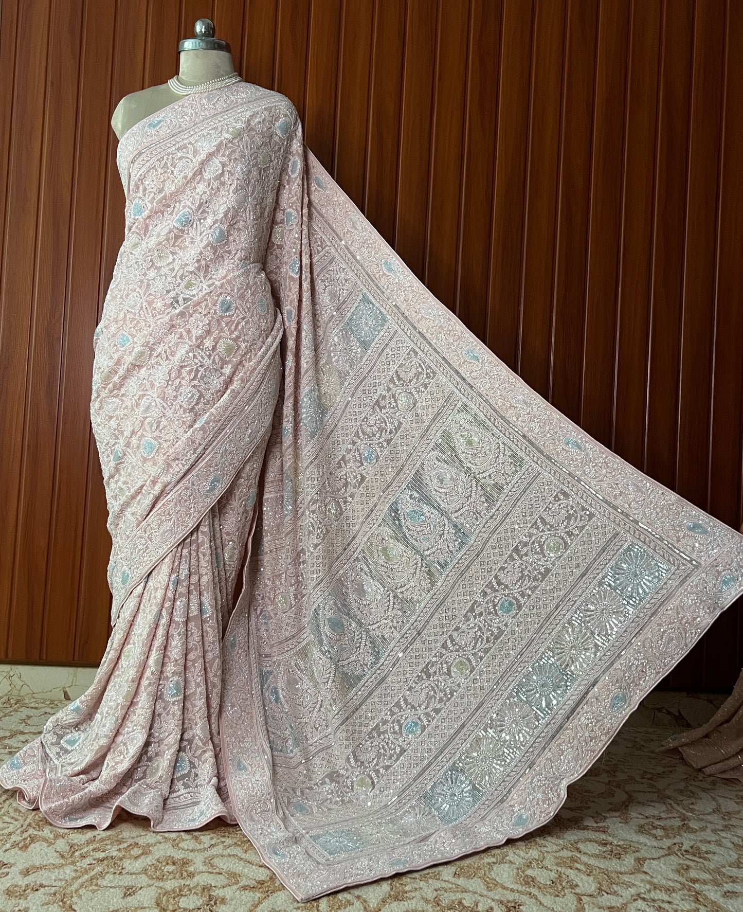 Ruhani Light Pink Chikankari Multi Cut Dana and Sequins Saree