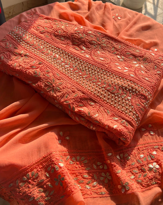 Peach Chikankari pearl and Gota Patti Anarkali