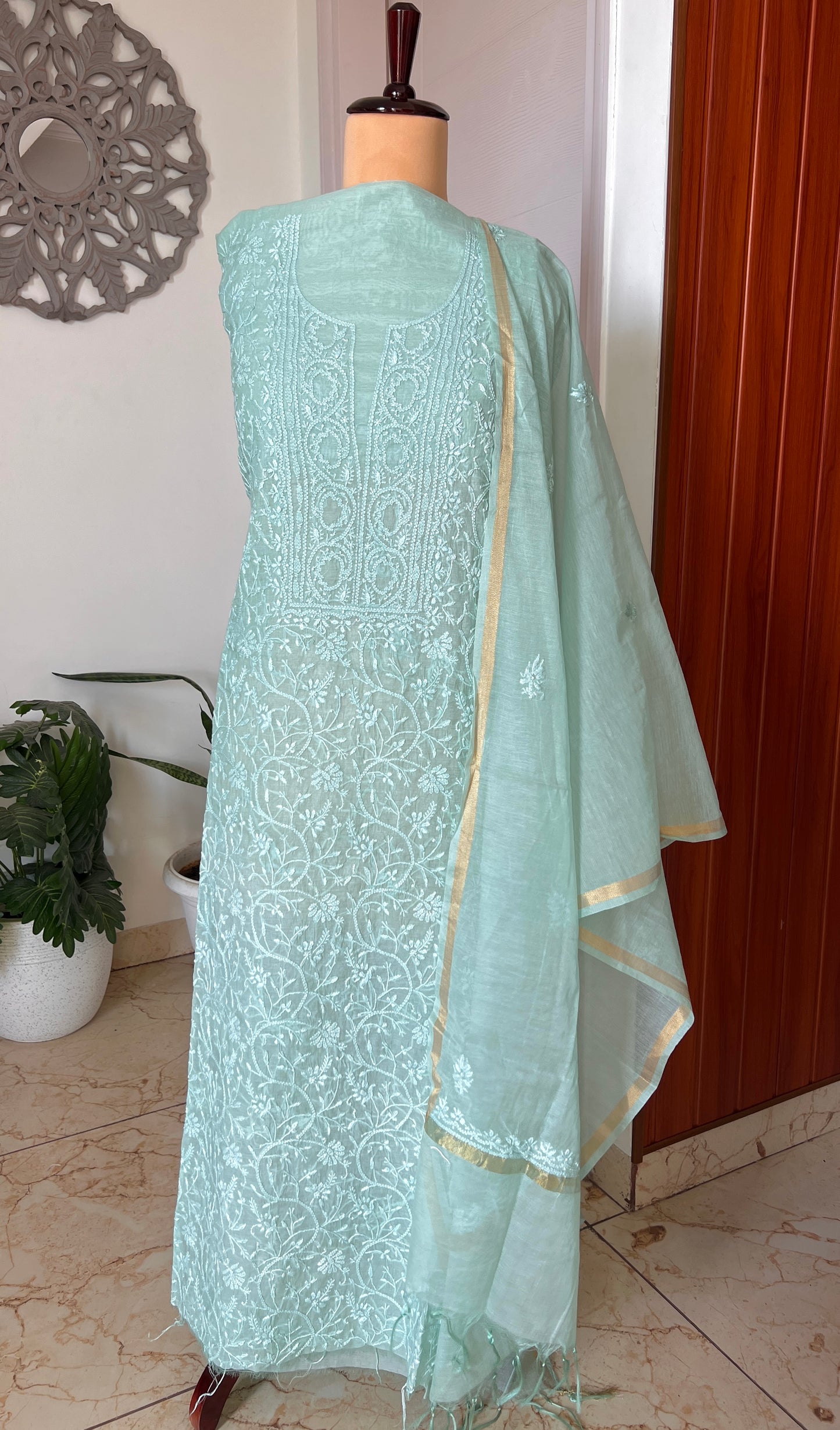 Sage green Mul chanderi Chikankari embroidered kurta and dupatta