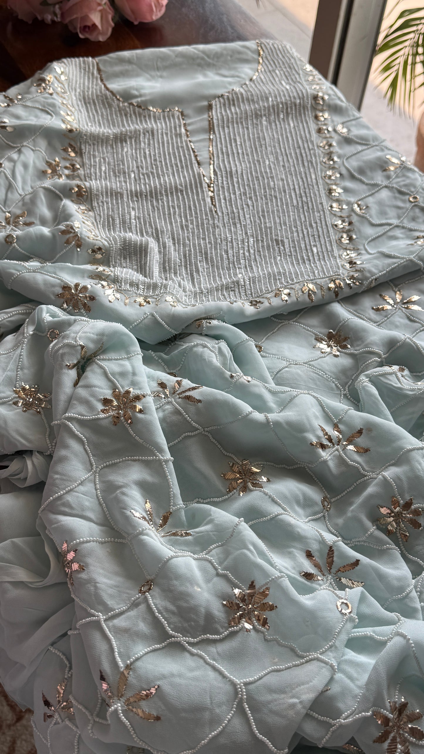 Ruhani Powder Blue Badla and Pearl Embroidered Kurta & Dupatta Set