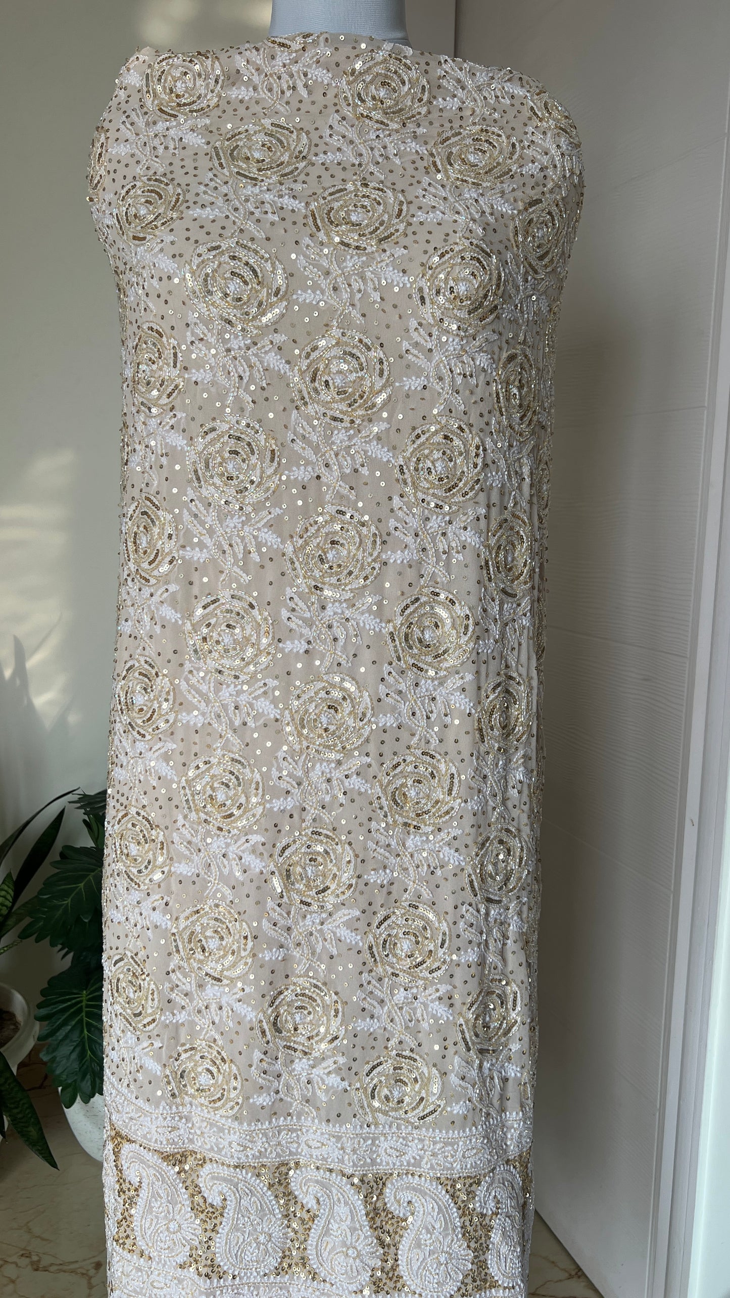 Ruhani Ivory Pink Chikankari golden cut dana sequins kurta and dupatta