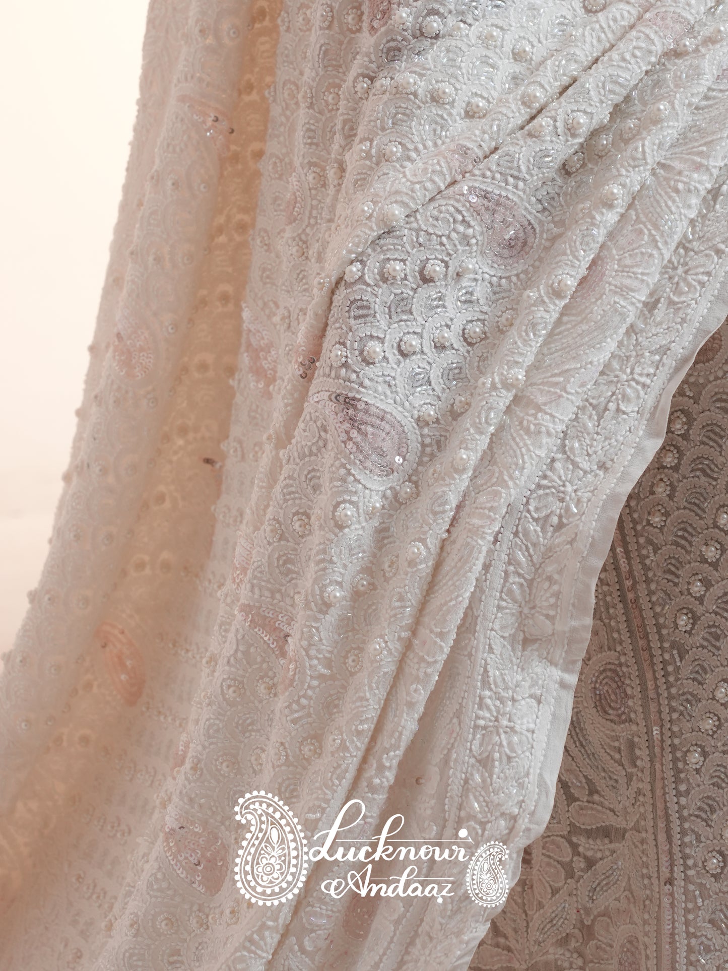 Ruhani Ivory Chikankari Pearl and Pink Cut Dana Sequins Wedding Lehenga