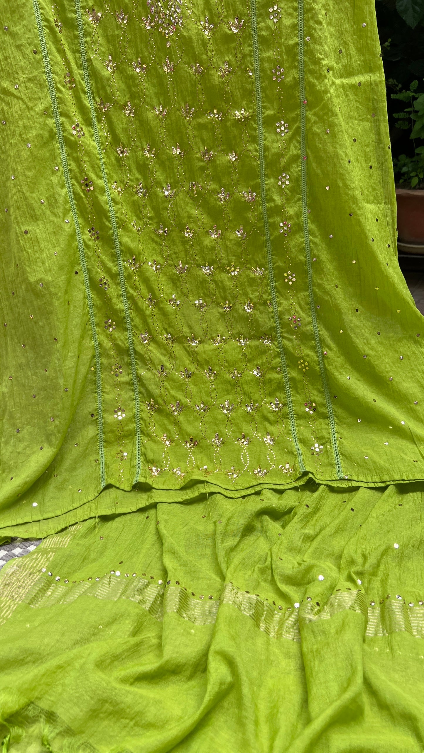 Green Mukaish work Mul Chanderi kurta with dupatta
