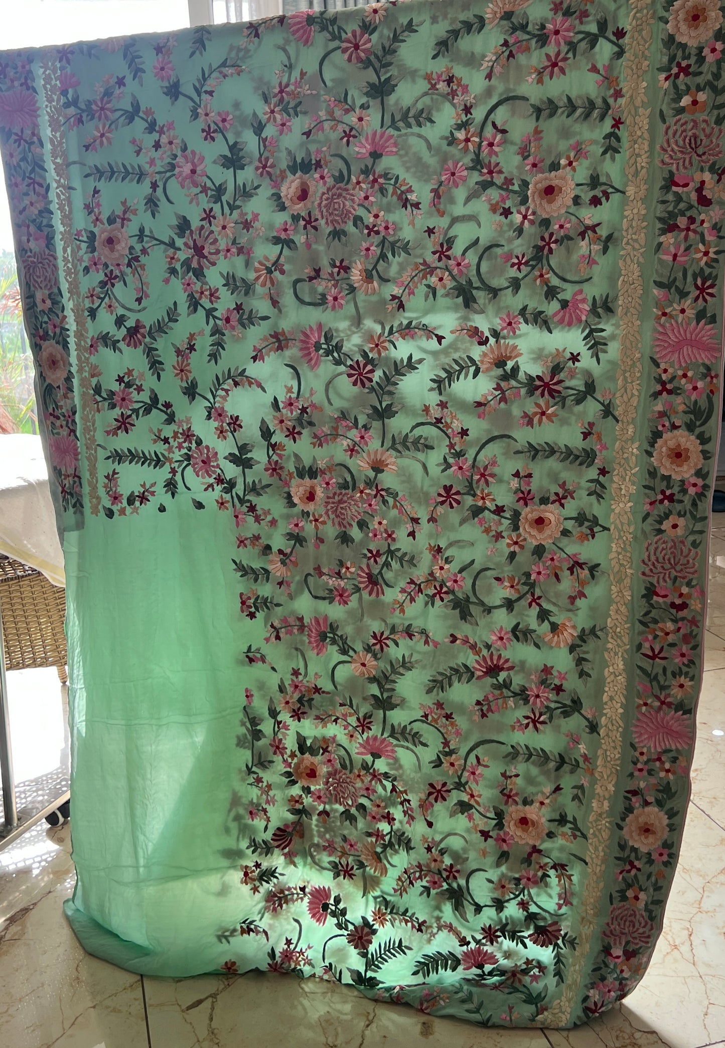 Mint Green Masterpiece Parsi Gara Pure Crepe Saree