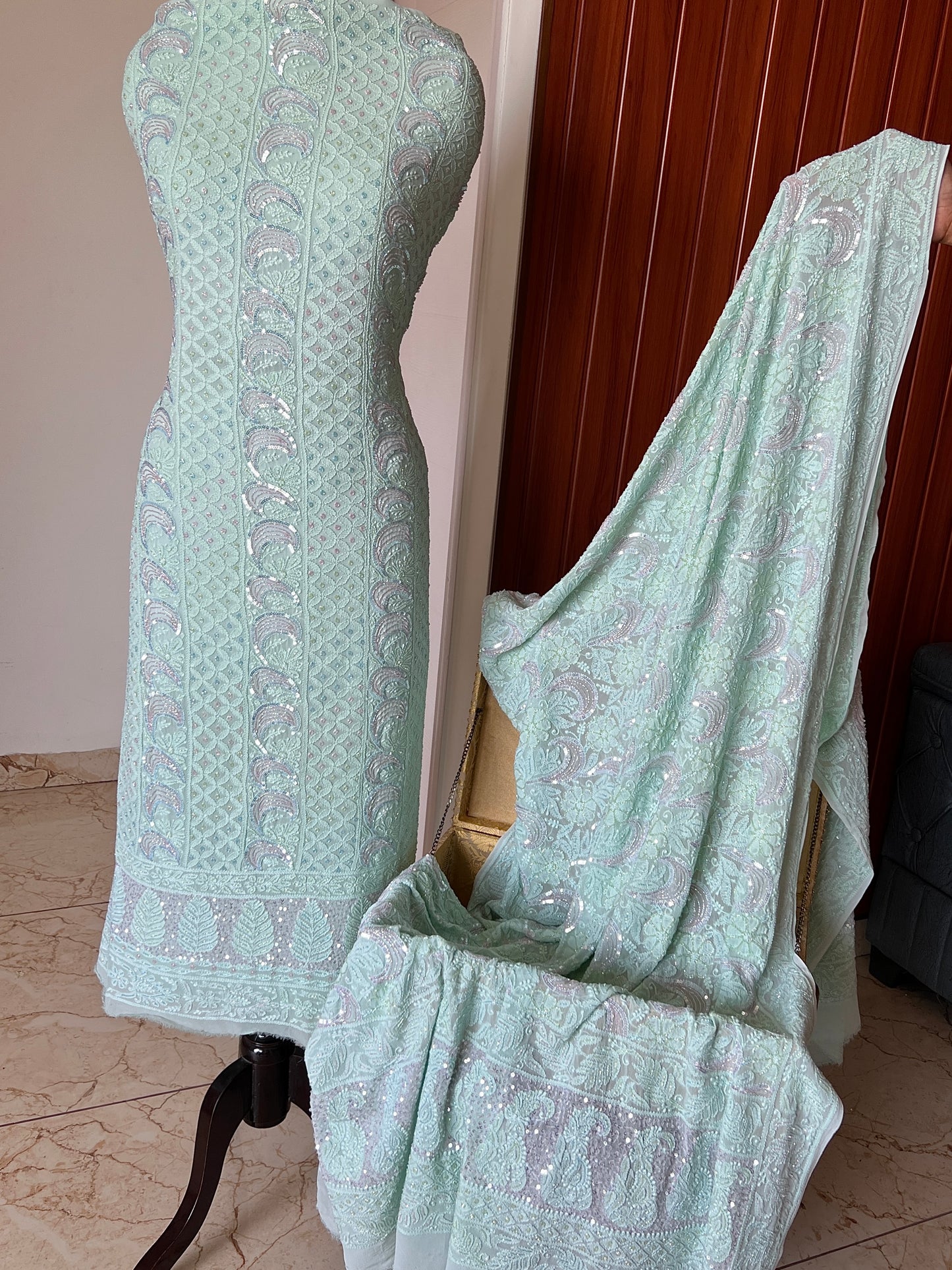 Mint Green Chikankari multi cut Dana and Sequins work Kurta with Jaal Dupatta