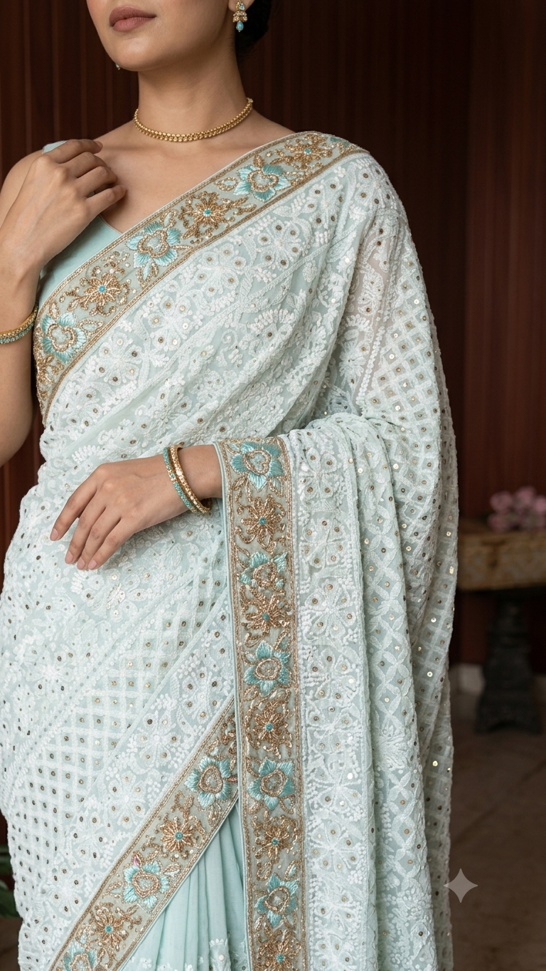 Ruhani Firozi Chikankari and Mukaish Saree with designer border