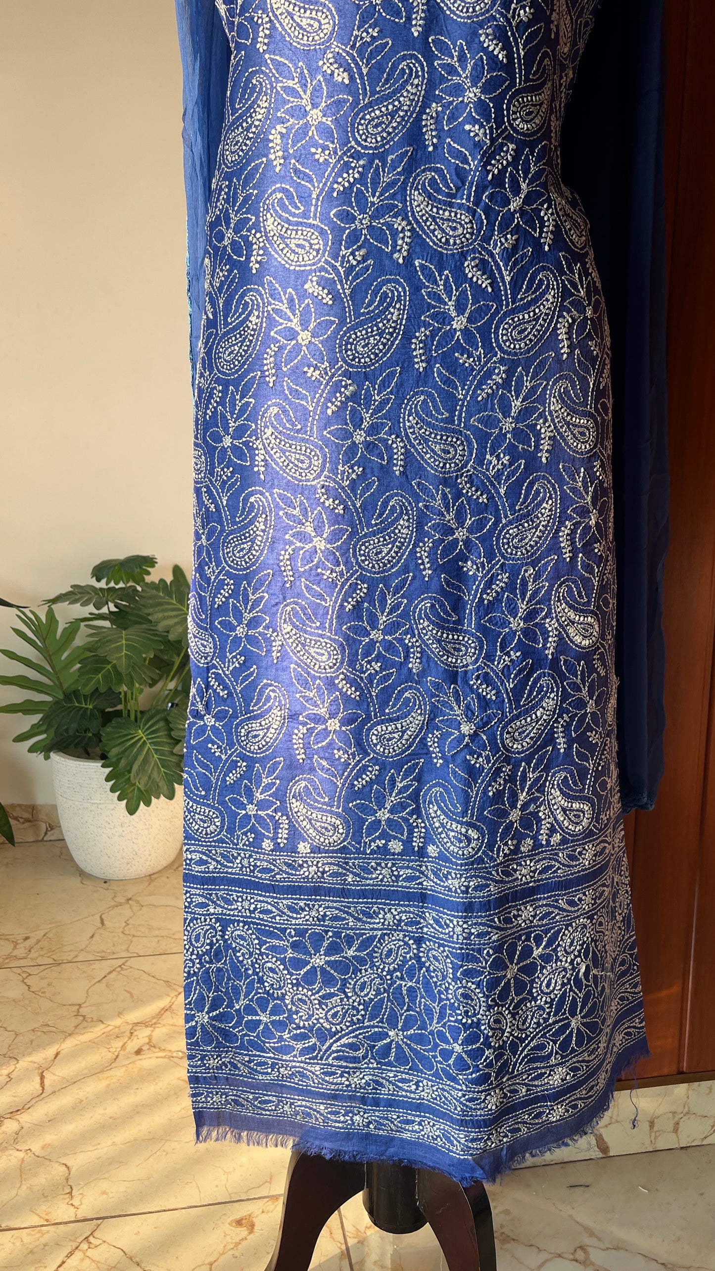Tussar silk Chikankari embroidered kurta with chiffon dupatta