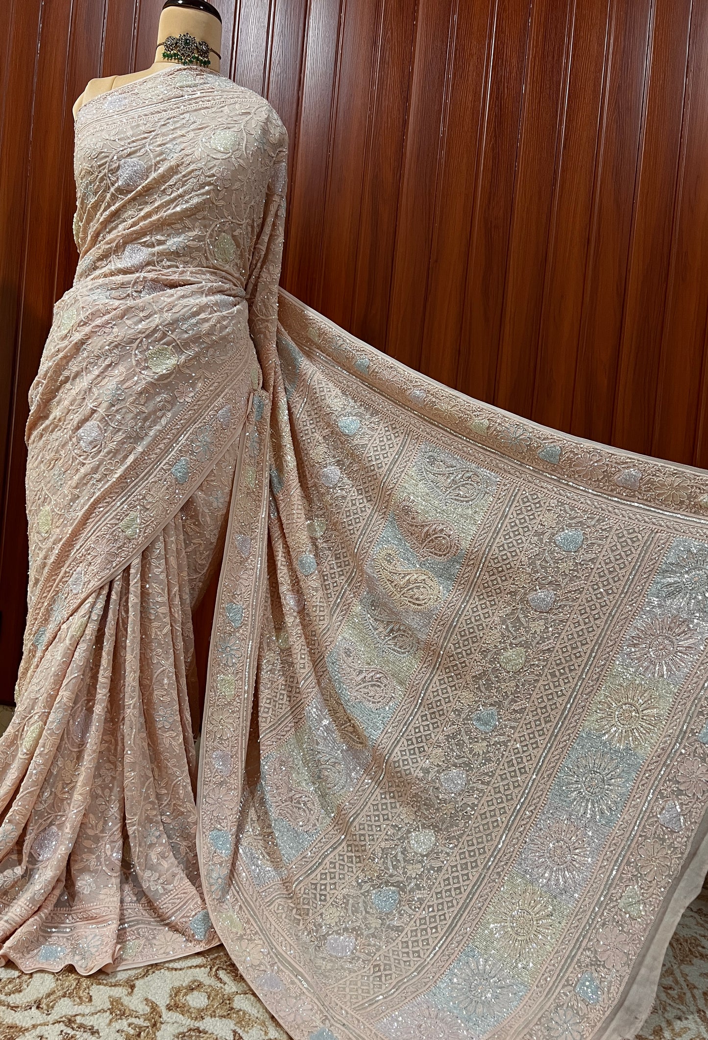 Ruhani Dusty peach Chikankari Multi Cut Dana and Sequins Saree