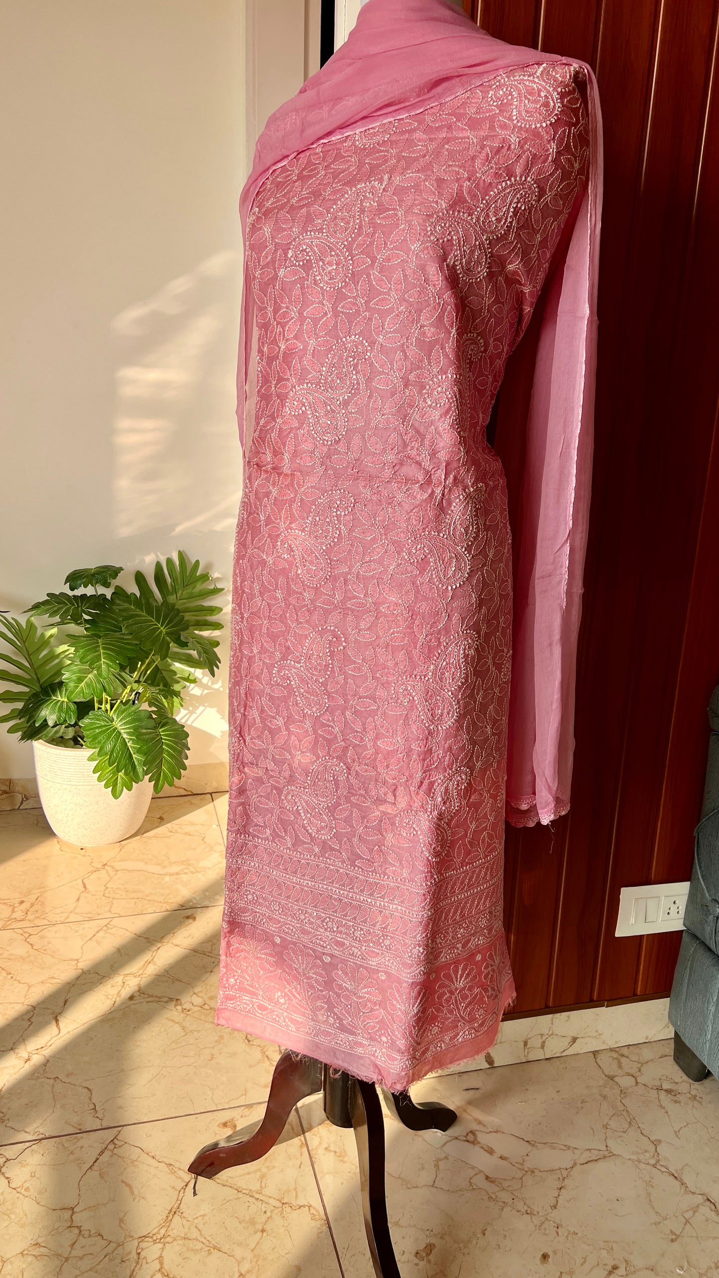 Tussar silk Chikankari embroidered kurta with chiffon dupatta