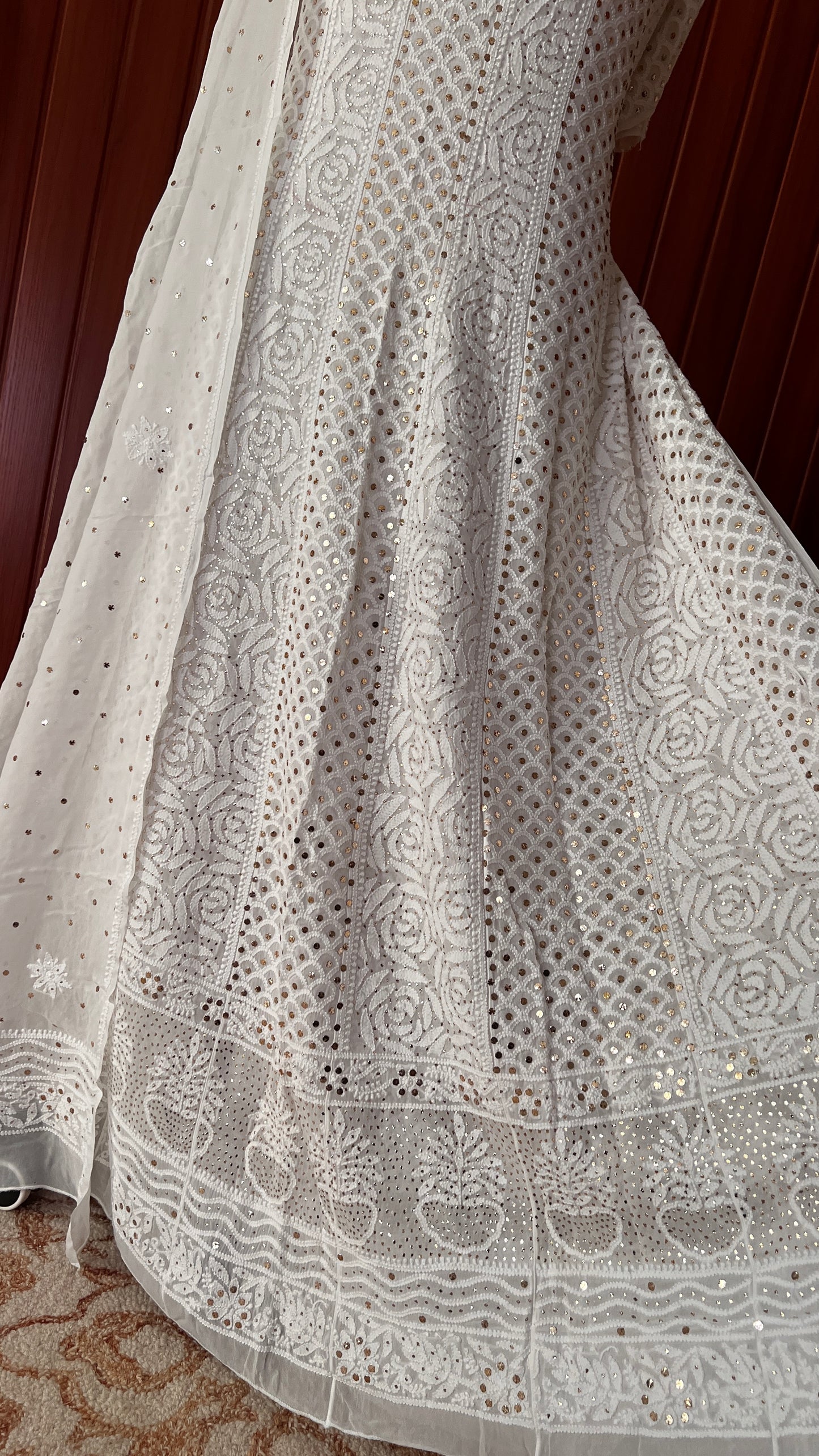 White allover Chikankari and mukaish anarkali with dupatta