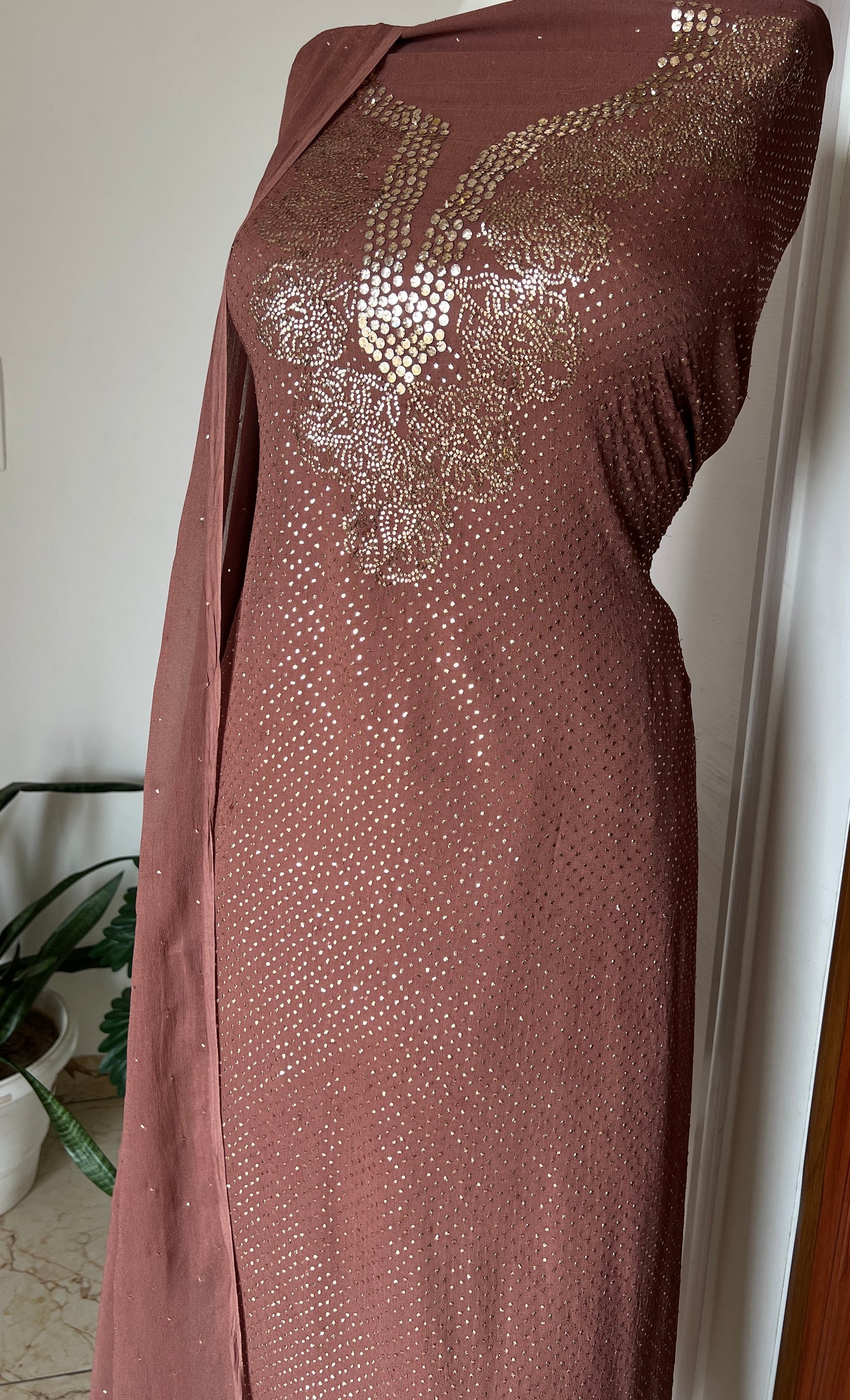 Brown bareek mukaish work Kurta and Dupatta
