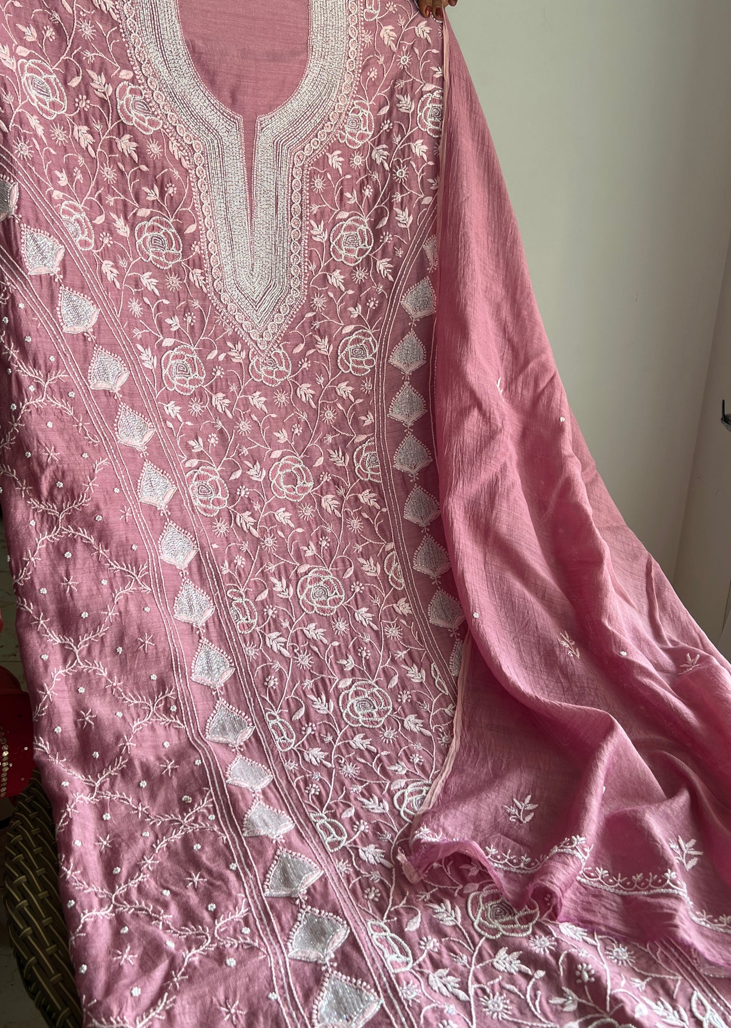 Moonga Silk Chikankari pearl and cut Dana work kurta and dupatta