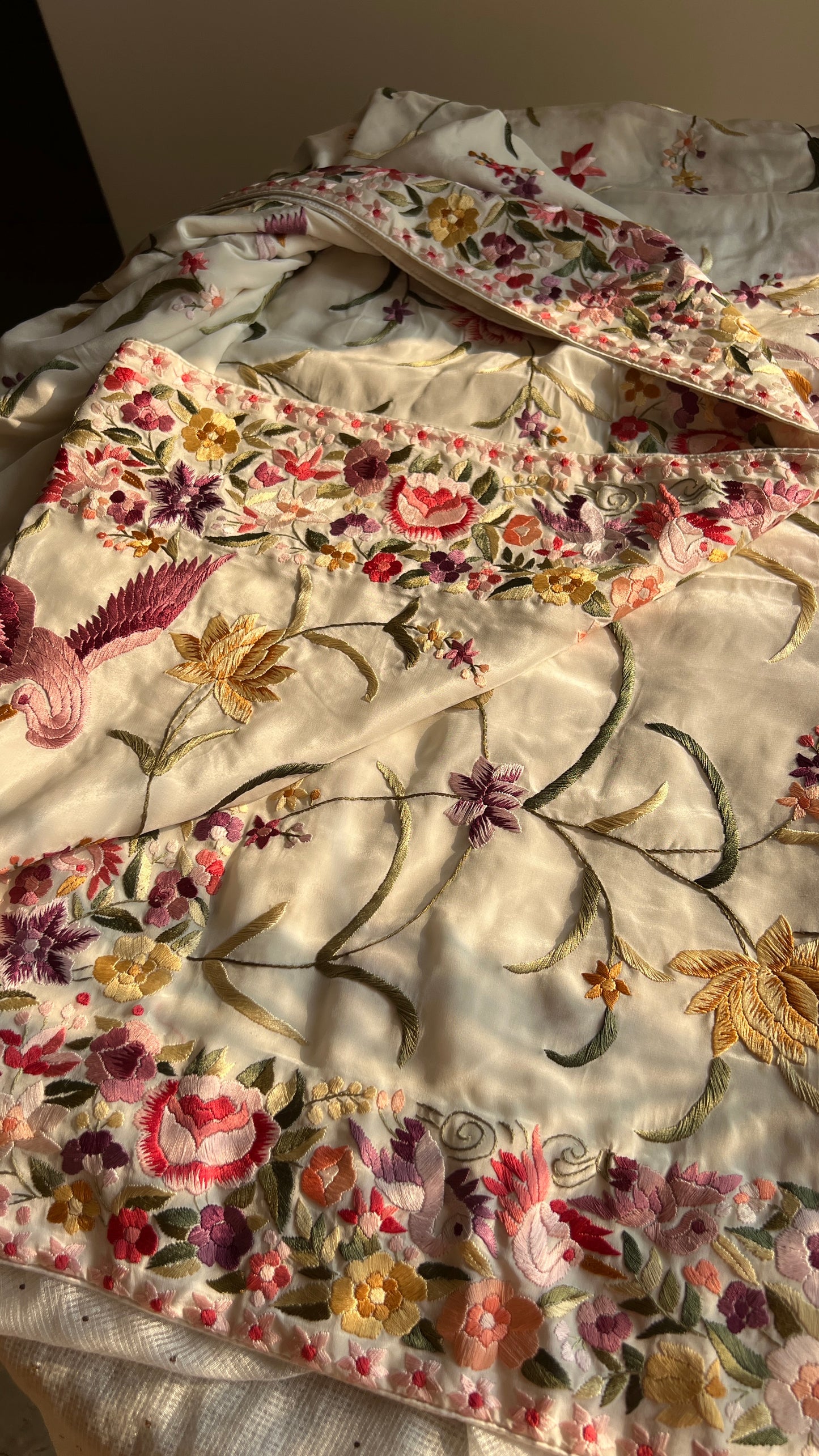 Ivory Parsi Gara Allover Hand Embroidered Saree on Pure Crepe