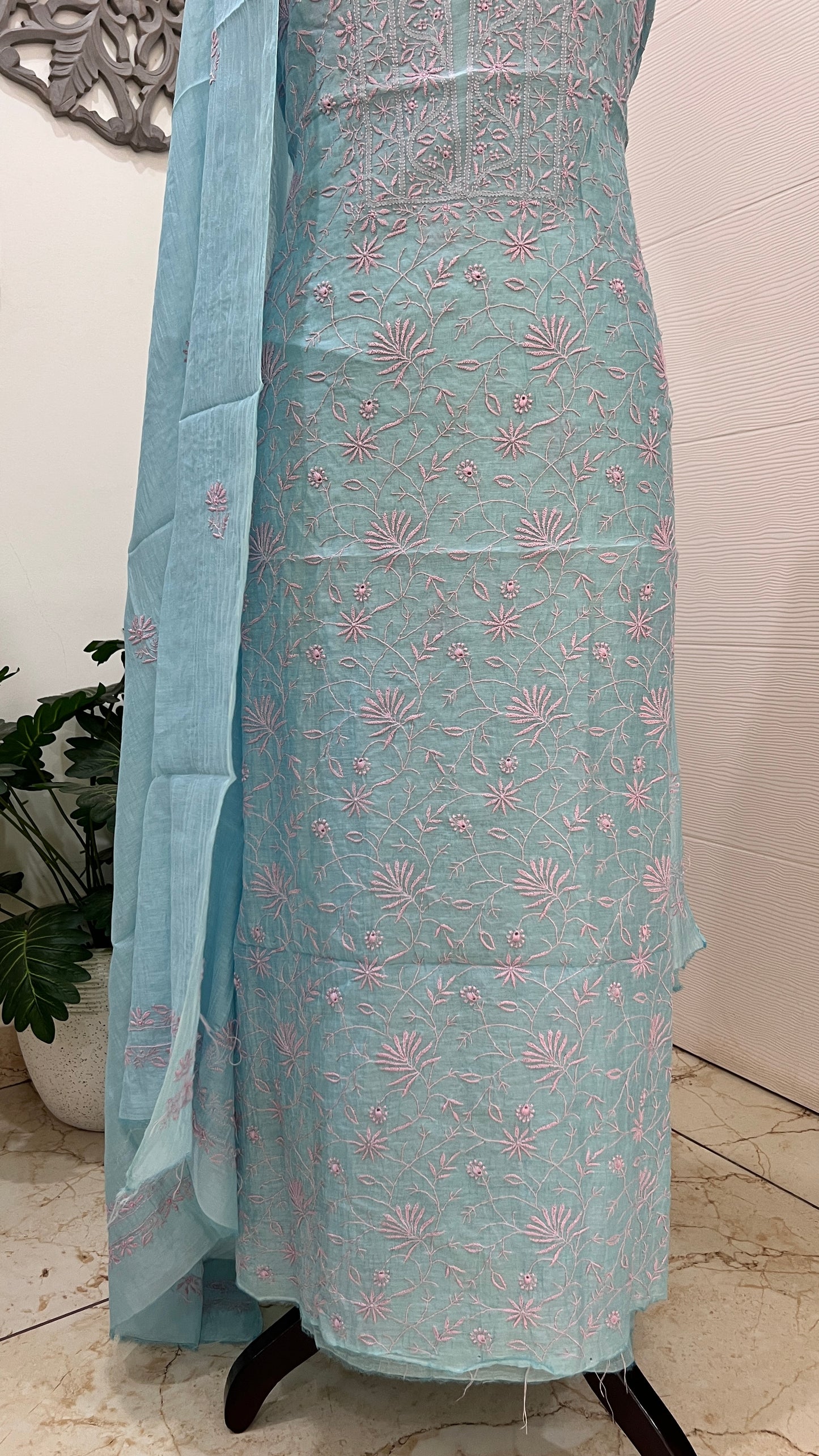 Firozi and pink Mul chanderi Chikankari embroidered kurta and dupatta