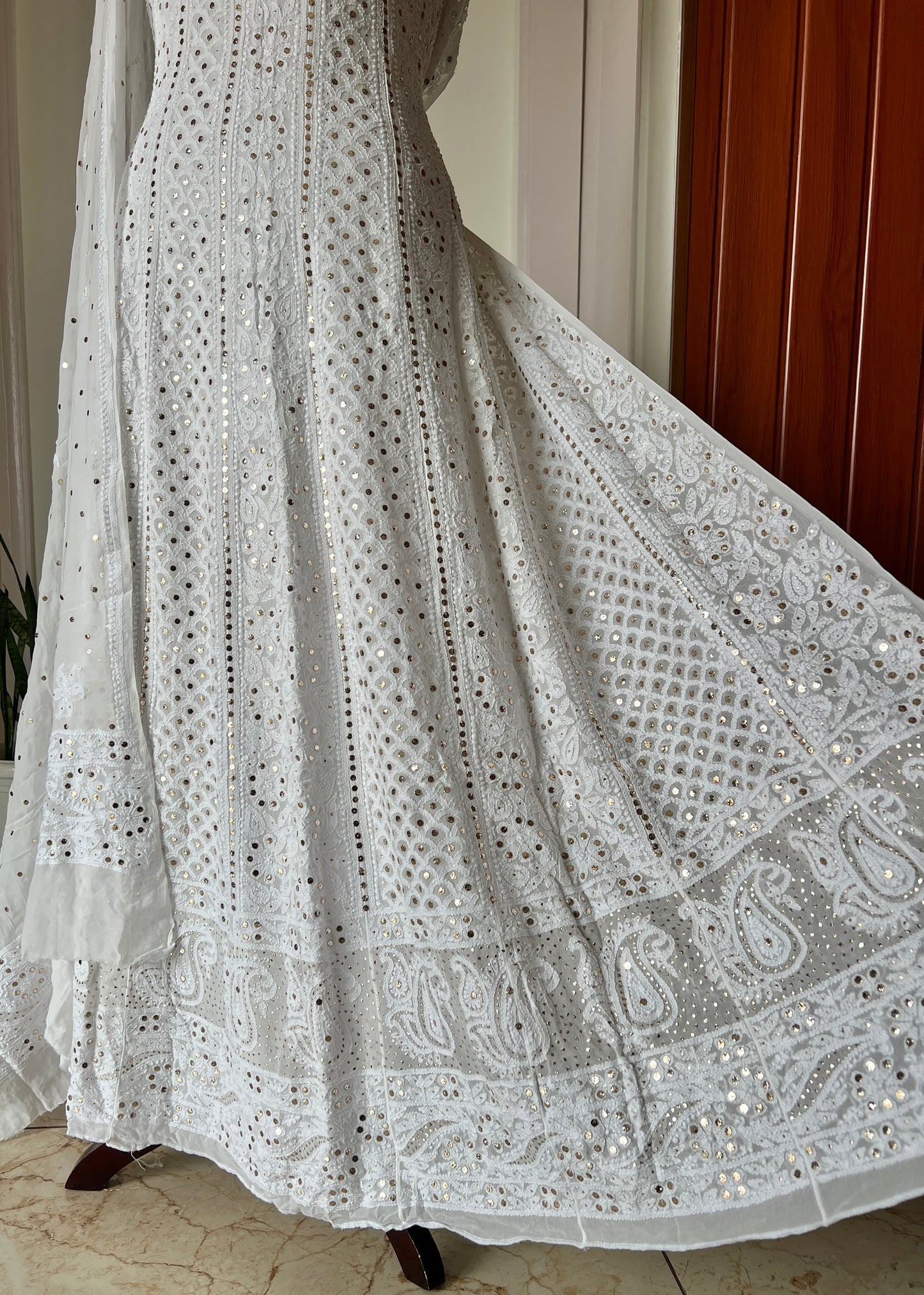 White allover Chikankari and mukaish anarkali with dupatta
