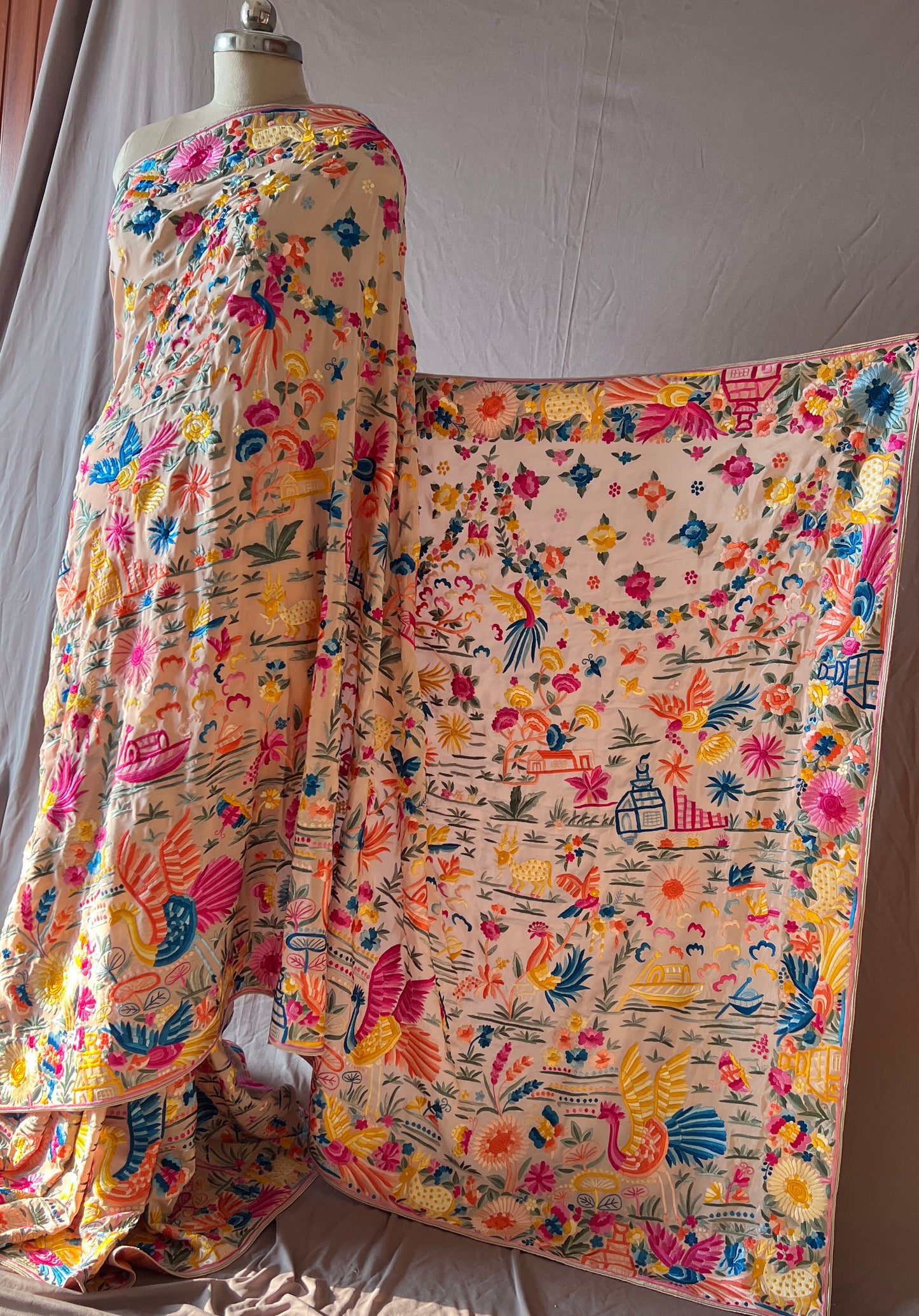 Flora and Fauna Parsi Gara Allover Hand Embroidered Saree on Pure Crepe