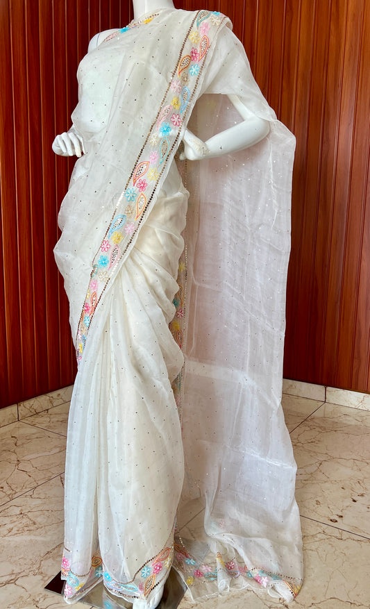 Ruhani Ivory Pure Organza Saree with Allover Mukaish and multicolored border